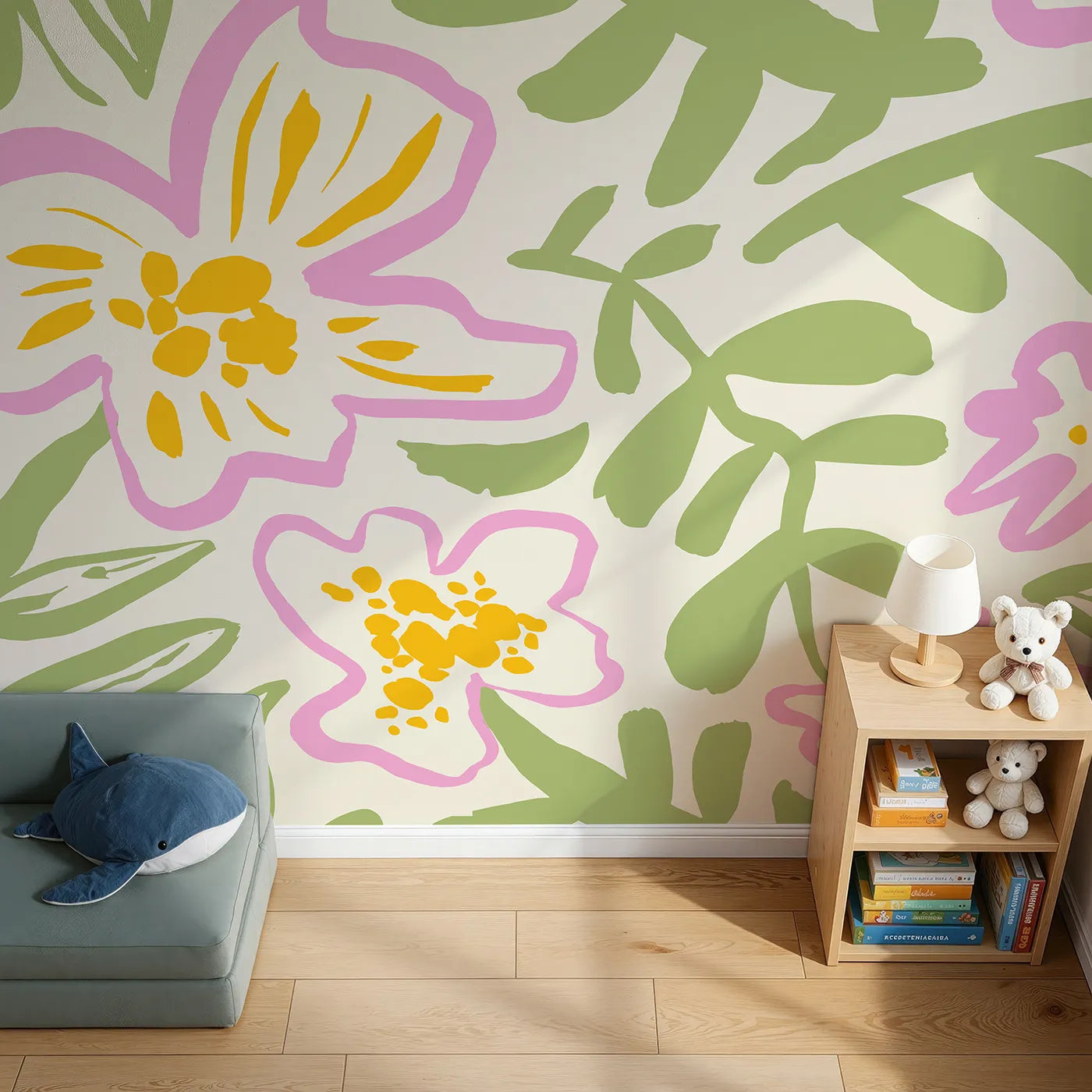 Top-down view of Whimsy Tots' Abstract Floral Doodle Wall Mural (Turn Their Room into a Field of Fun, Quirky Flowers).Gender-Neutral