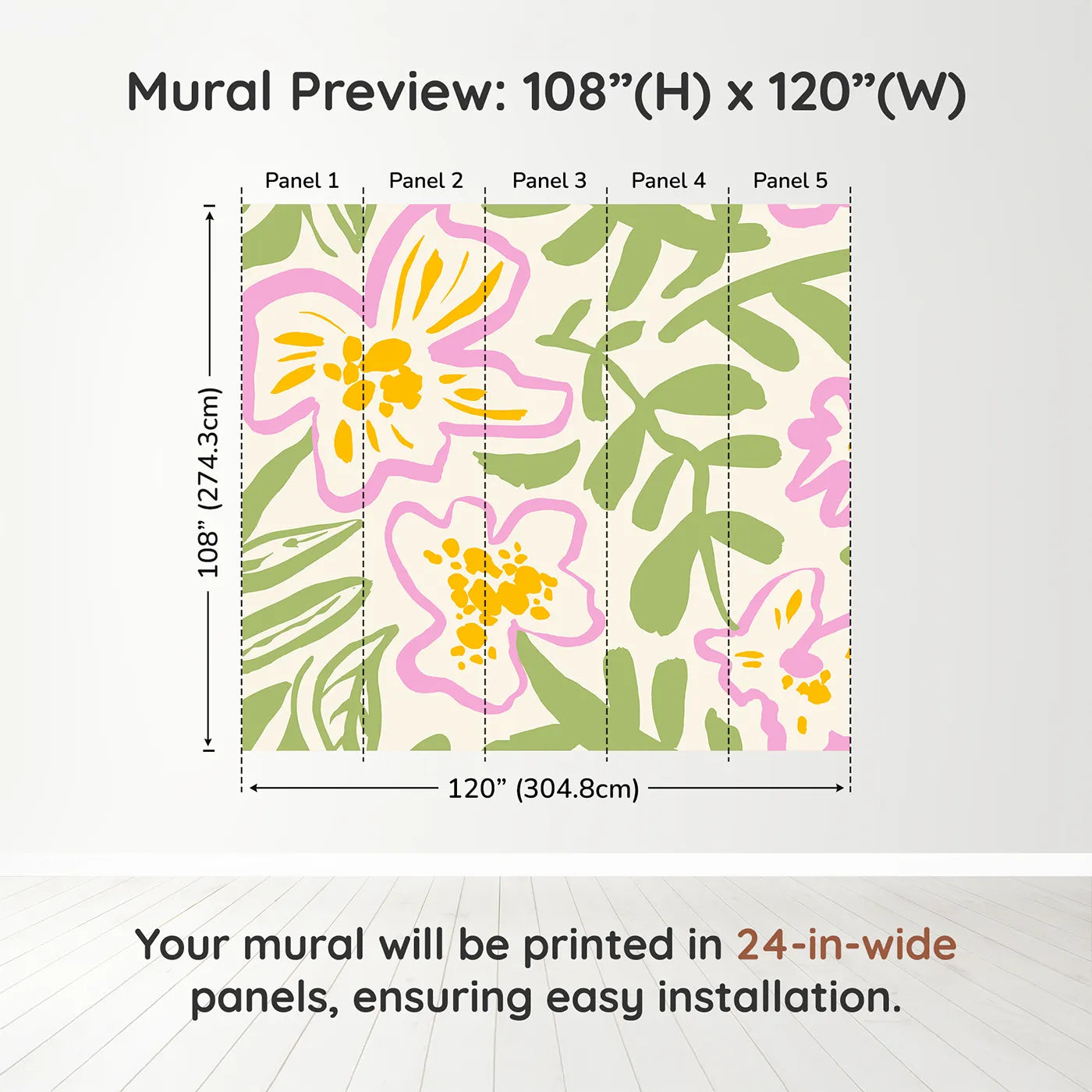 Whimsy Tots Abstract Floral Doodle Wall Muraldimension view (108" H x 120" W). Printed in five 24-inch-wide panels. Gender-Neutral