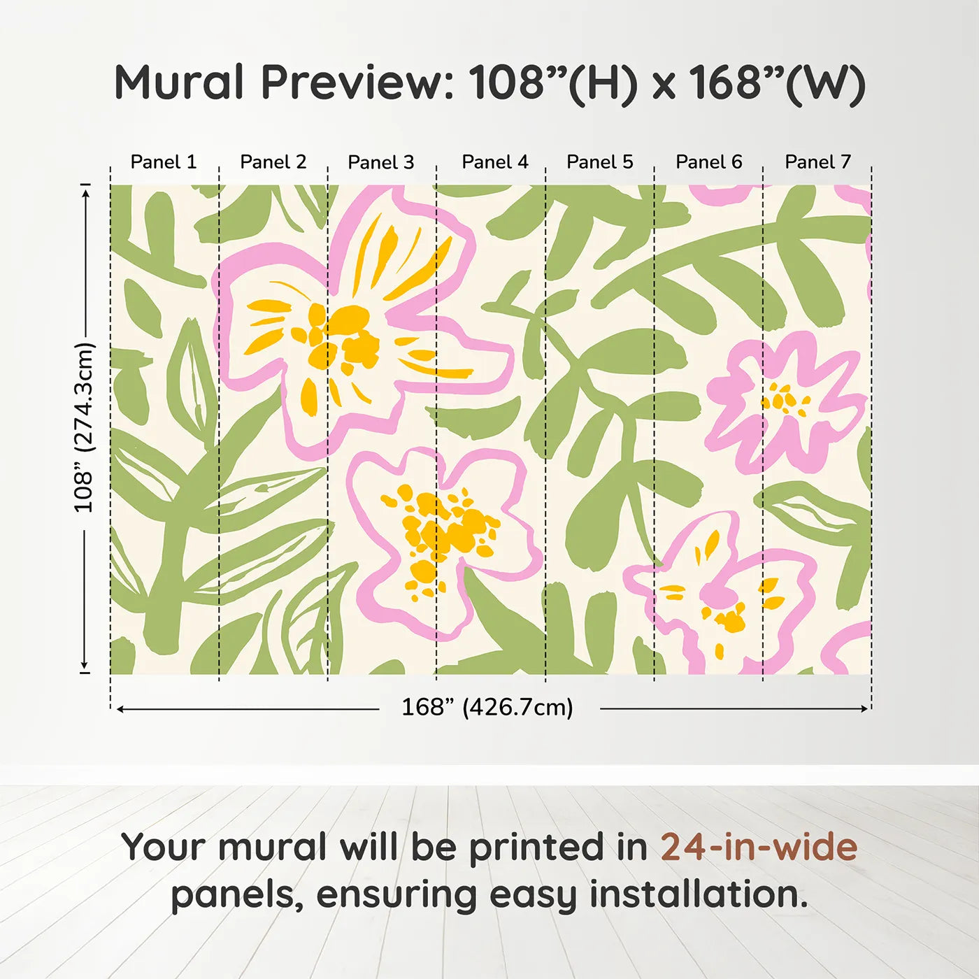 Whimsy Tots Abstract Floral Doodle Wall Muraldimension view (108" H x 168" W). Printed in seven 24-inch-wide panels. Gender-Neutral