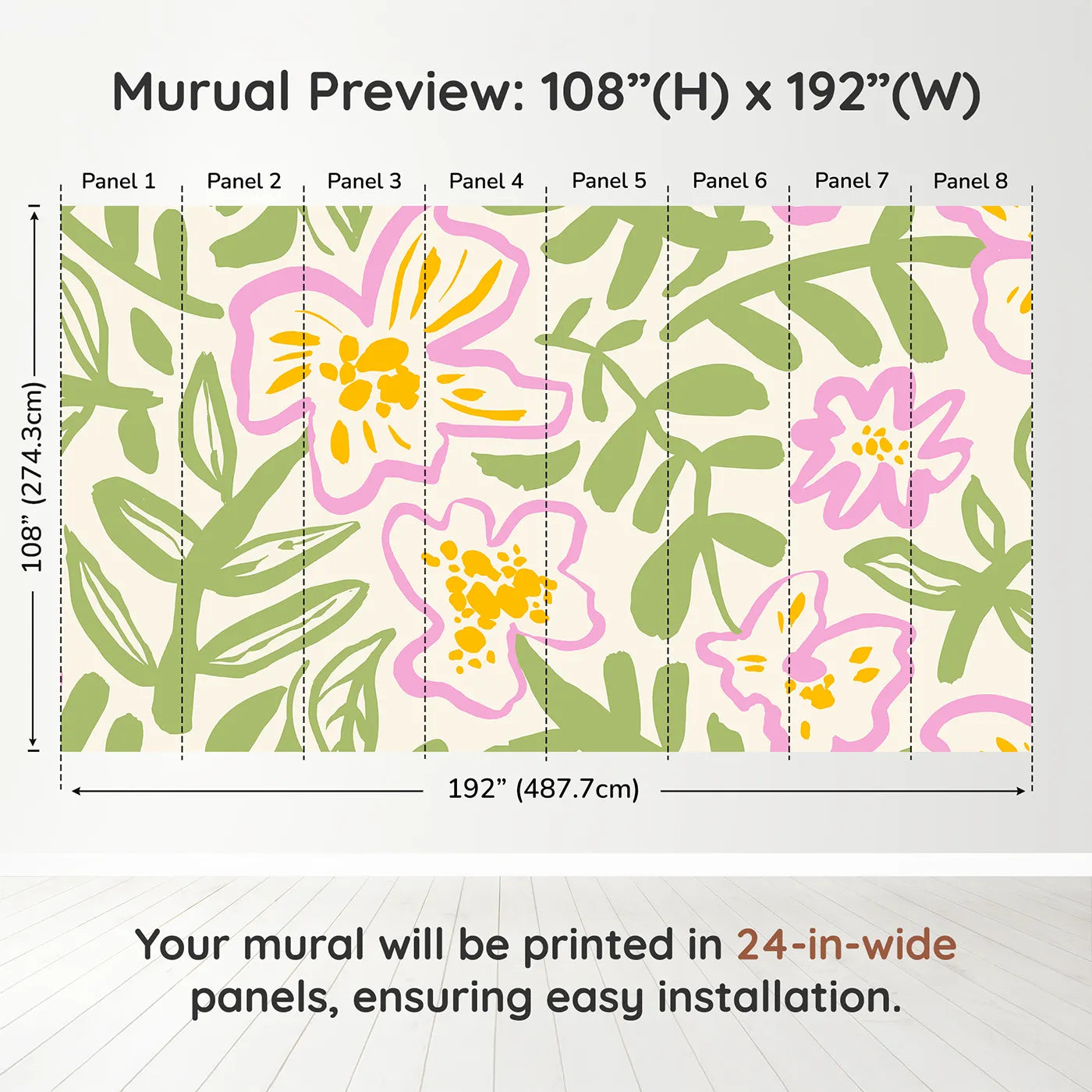 Whimsy Tots Abstract Floral Doodle Wall Muraldimension view (108" H x 192" W). Printed in eight 24-inch-wide panels. Gender-Neutral