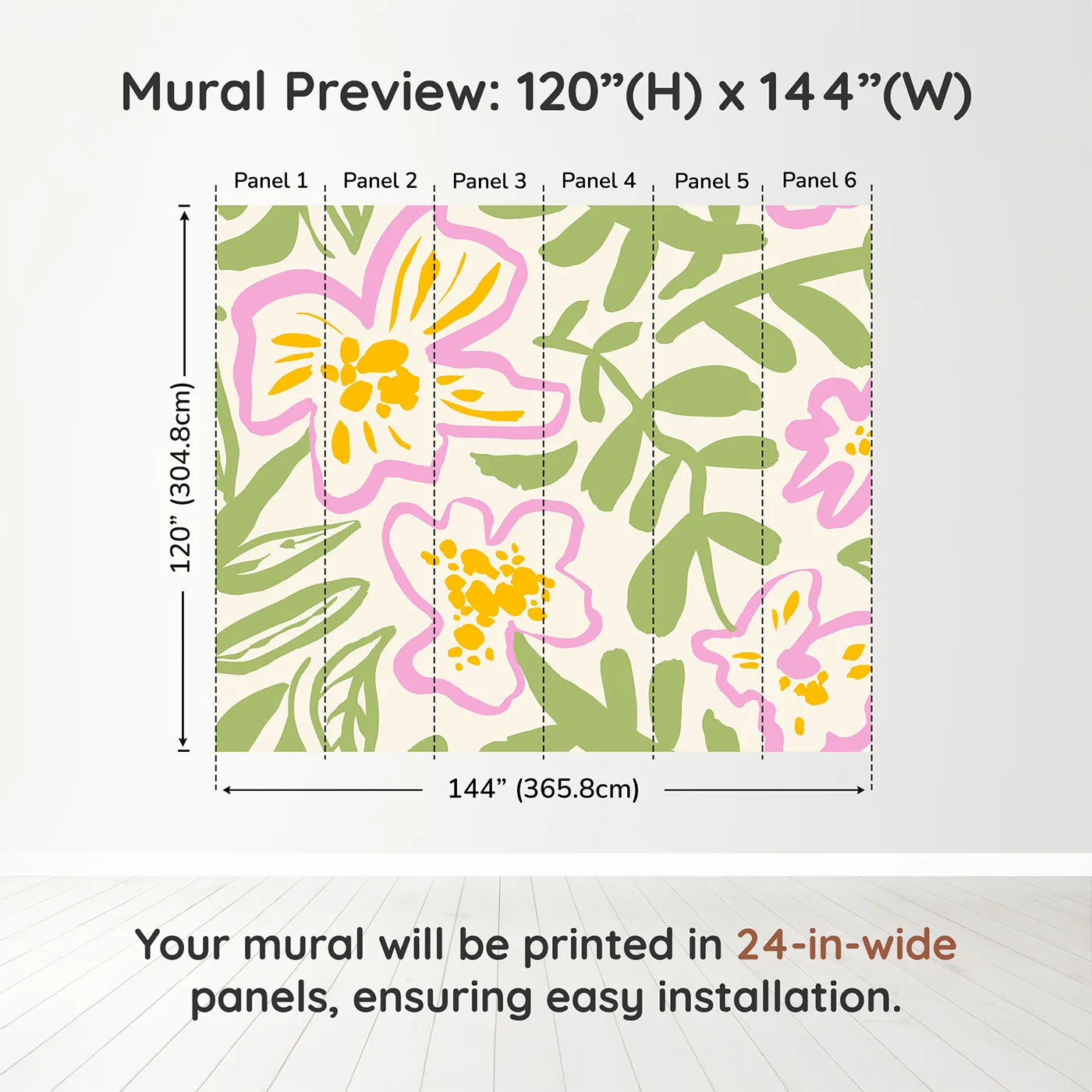 Whimsy Tots Abstract Floral Doodle Wall Muraldimension view (120" H x 144" W). Printed in six 24-inch-wide panels. Gender-Neutral