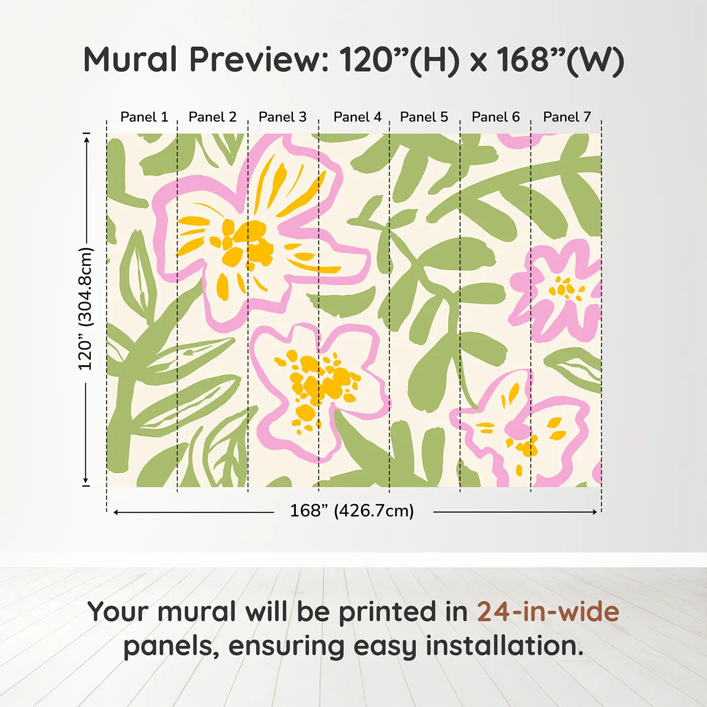 Whimsy Tots Abstract Floral Doodle Wall Muraldimension view (120" H x 168" W). Printed in seven 24-inch-wide panels. Gender-Neutral