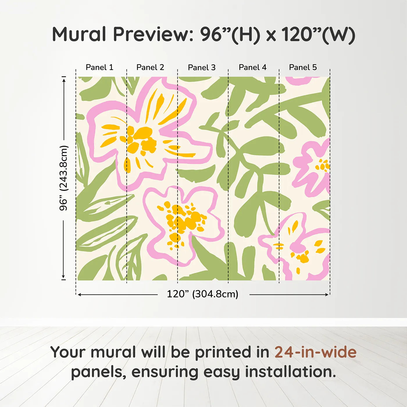 Whimsy Tots Abstract Floral Doodle Wall Muraldimension view (96" H x 120" W). Printed in five 24-inch-wide panels. Gender-Neutral