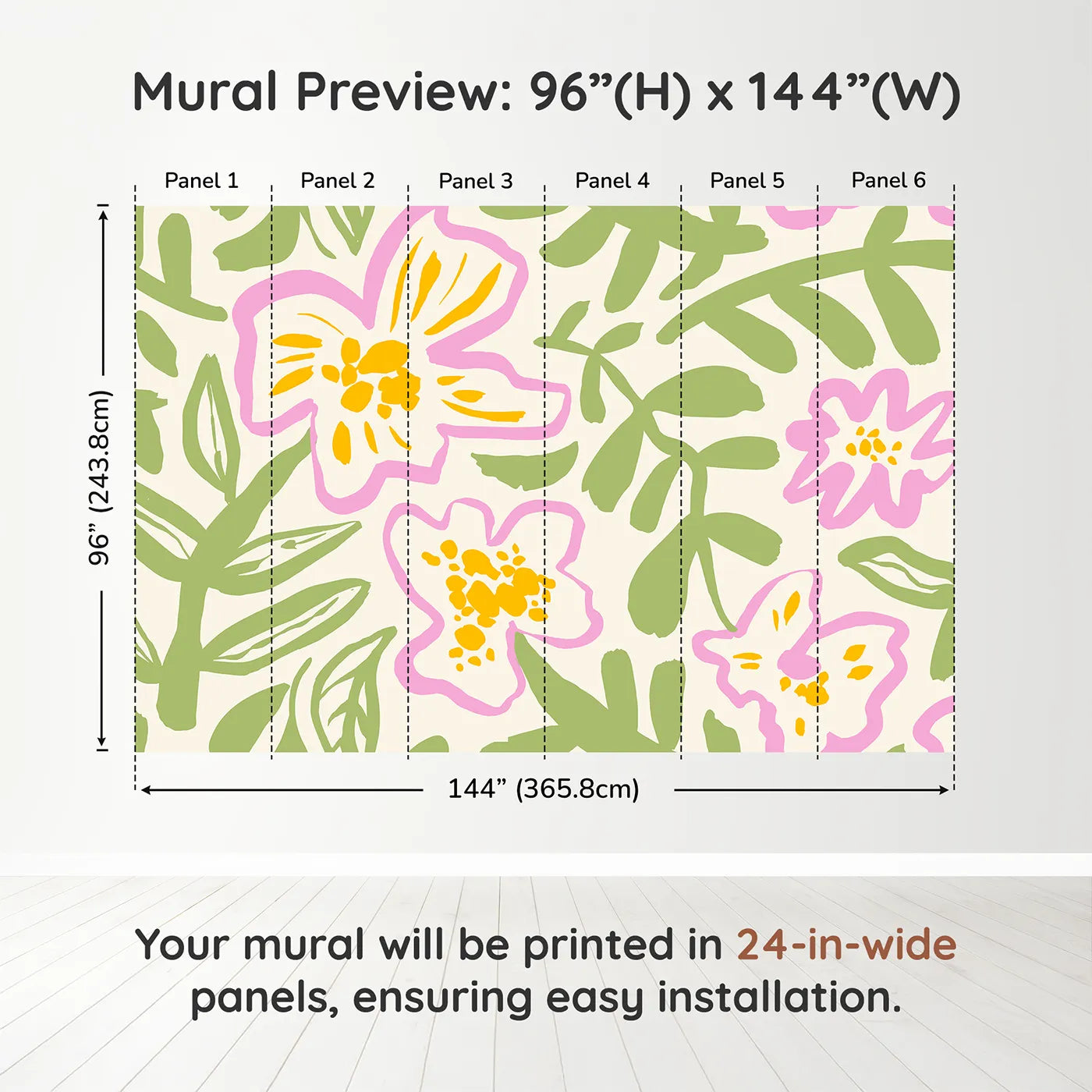 Whimsy Tots Abstract Floral Doodle Wall Muraldimension view (96" H x 144" W). Printed in six 24-inch-wide panels. Gender-Neutral