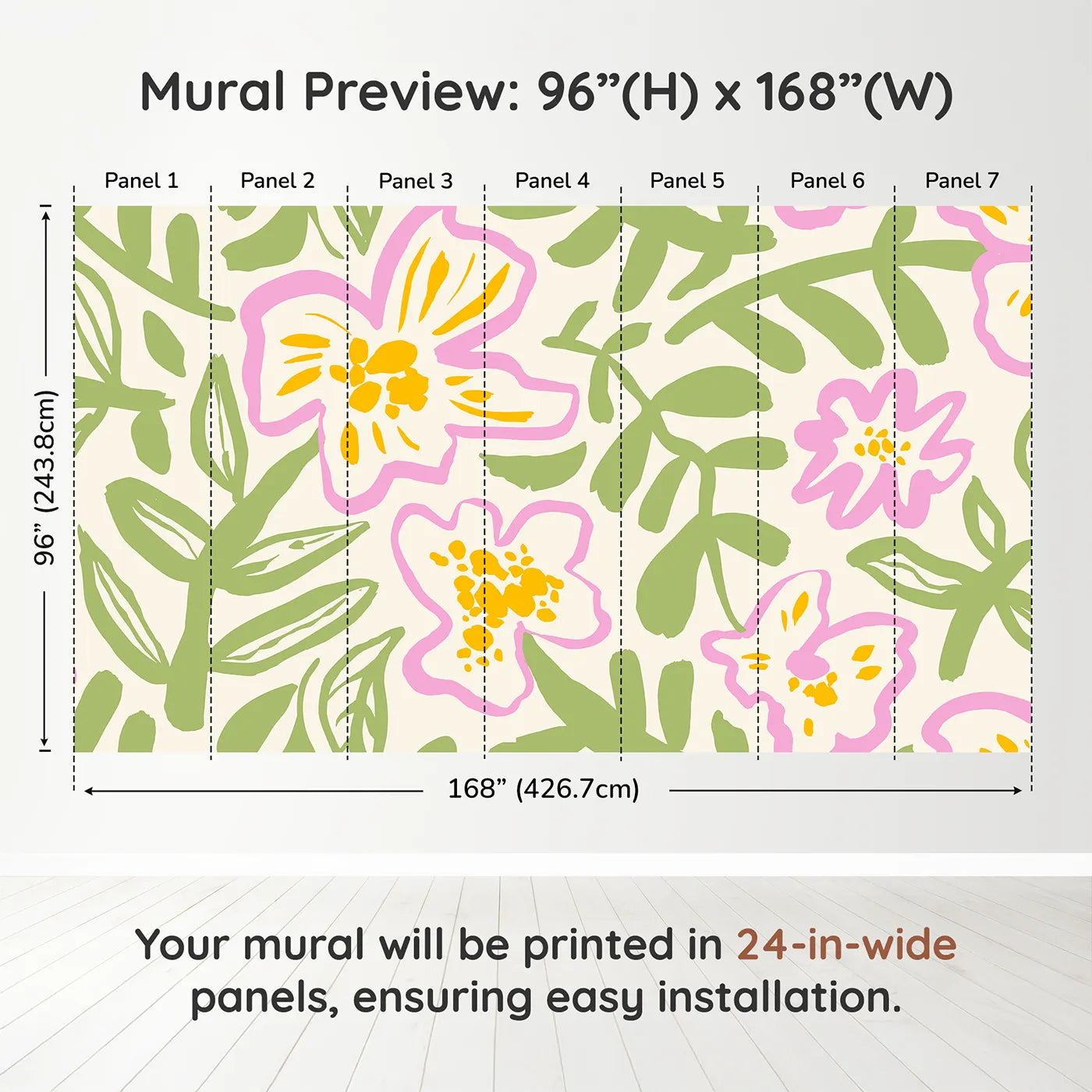 Whimsy Tots Abstract Floral Doodle Wall Muraldimension view (96" H x 168" W). Printed in seven 24-inch-wide panels. Gender-Neutral
