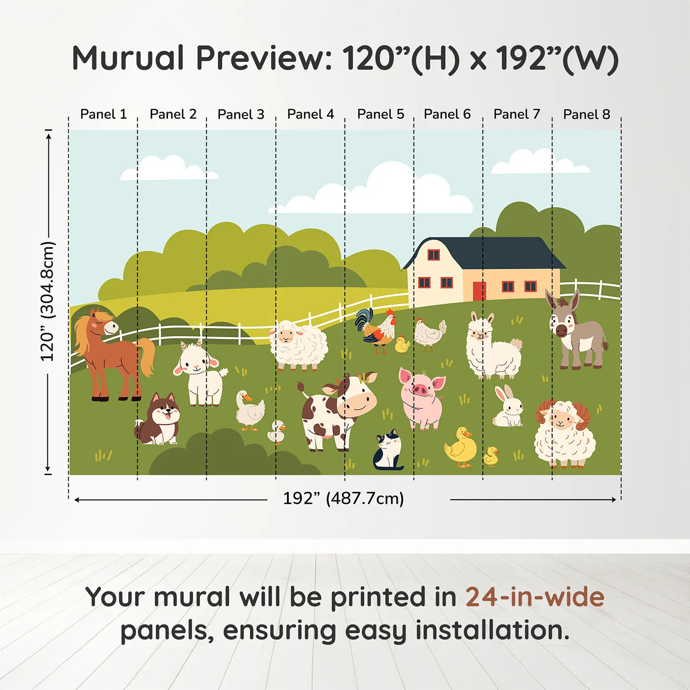 Whimsy Tots Happy Farm Friends Wall Muraldimension view (120" H x 192" W). Printed in eight 24-inch-wide panels. Gender-Neutral