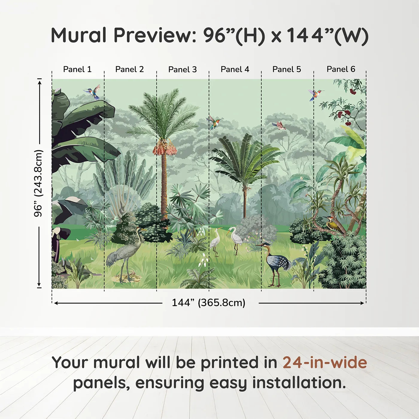 Whimsy Tots Exotic Bird Sanctuary Wall Mural in Greendimension view (96" H x 144" W). Printed in six 24-inch-wide panels. Gender-Neutral
