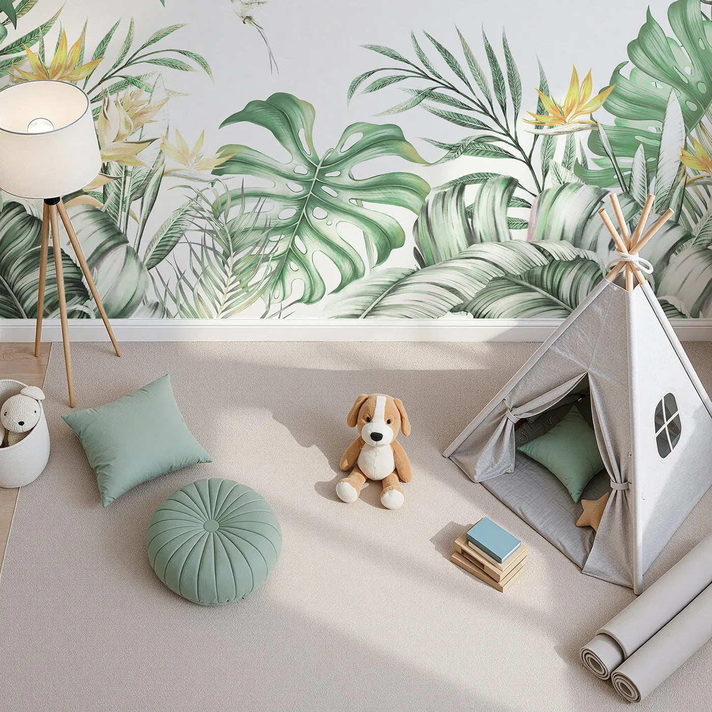Top-down view of Whimsy Tots' Tropical Garden with Hummingbird Wall Mural (Turn Their Room into a Lush and Vibrant Jungle).Gender-Neutral