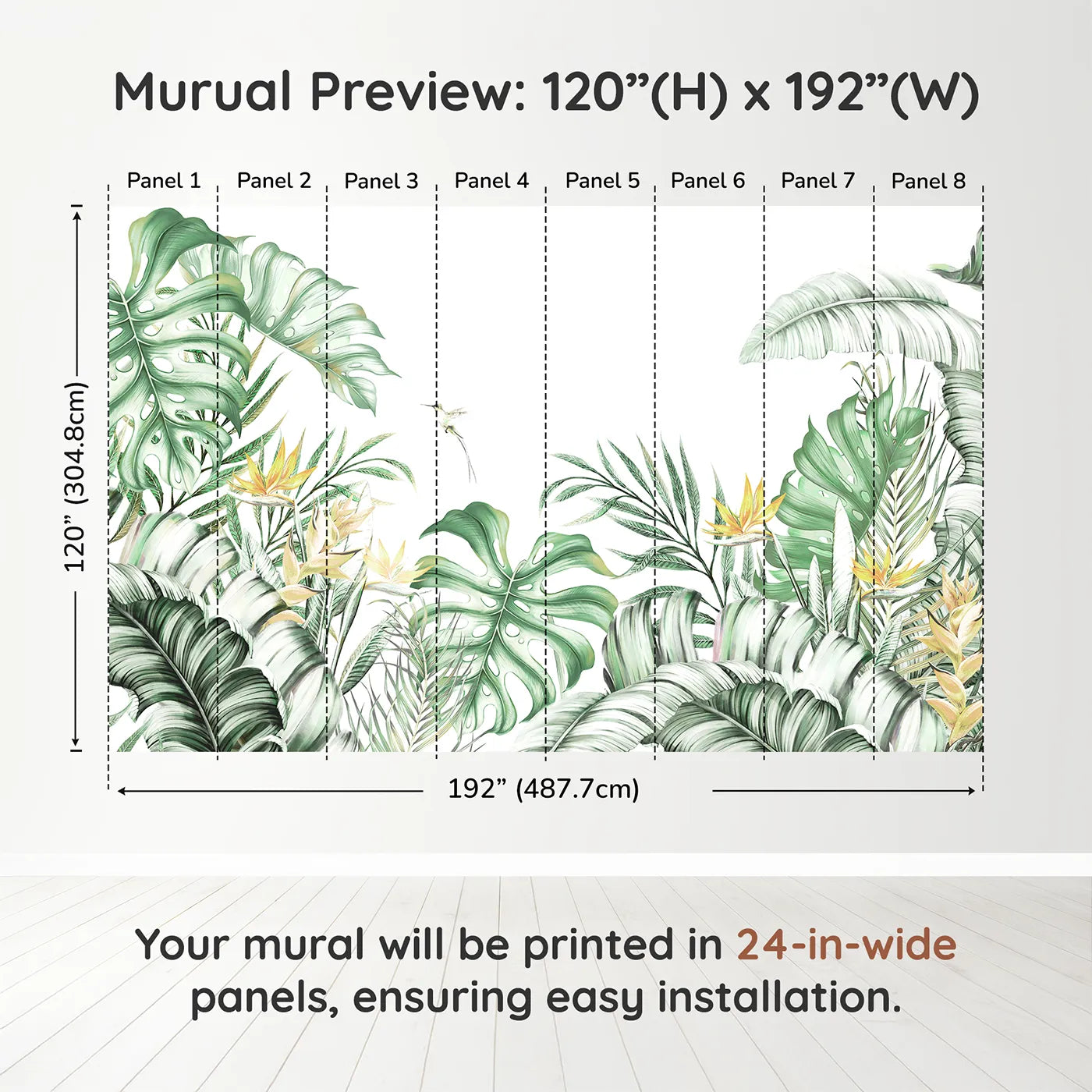 Whimsy Tots Tropical Garden with Hummingbird Wall Muraldimension view (120" H x 192" W). Printed in eight 24-inch-wide panels. Gender-Neutral