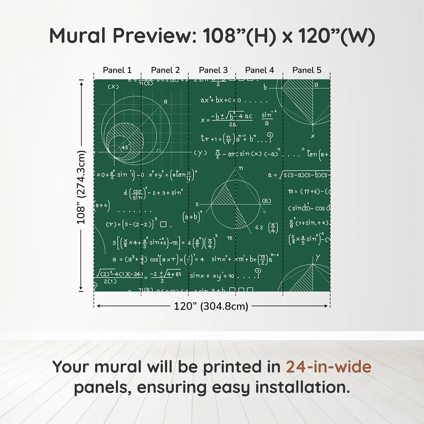 Whimsy Tots Geometry Chalkboard Wall Muraldimension view (108" H x 120" W). Printed in five 24-inch-wide panels. Gender-Neutral