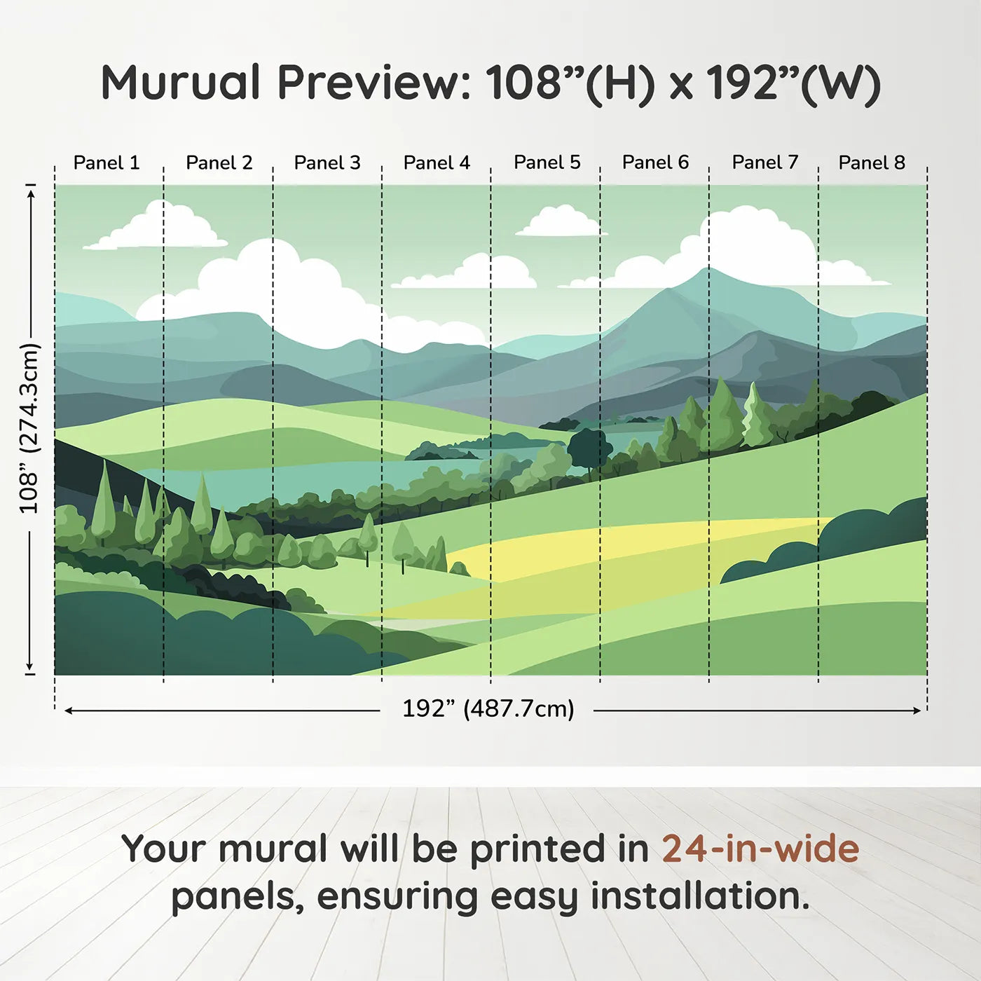 Whimsy Tots Minimalist Green Hills Wall Muraldimension view (108" H x 192" W). Printed in eight 24-inch-wide panels. Gender-Neutral