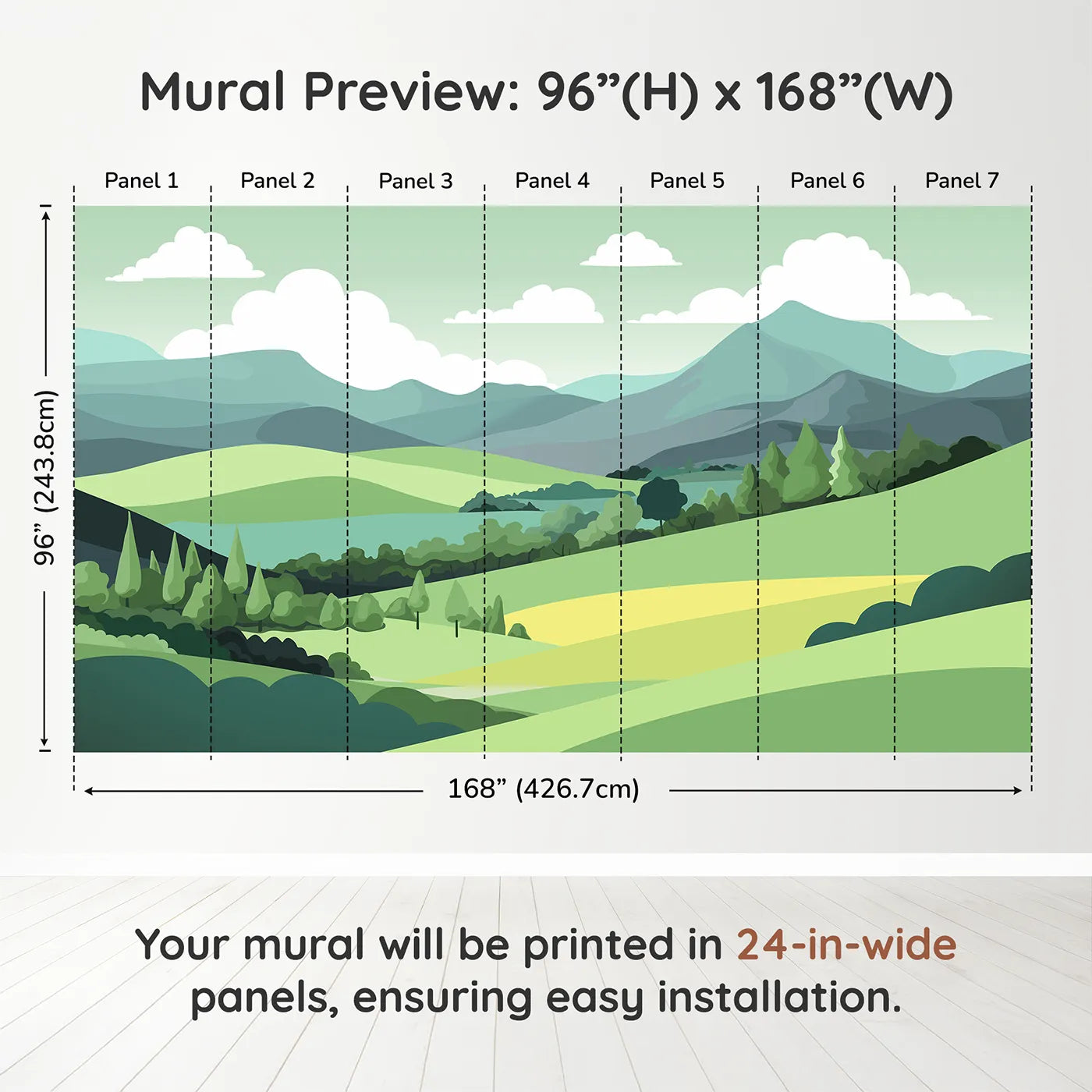 Whimsy Tots Minimalist Green Hills Wall Muraldimension view (96" H x 168" W). Printed in seven 24-inch-wide panels. Gender-Neutral