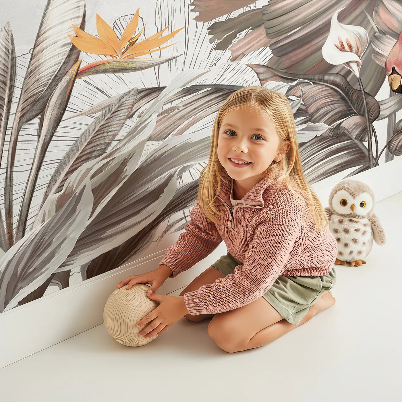 Child in front of Whimsy Tots Tropical Flamingo Garden Wall Mural with tropical, flamingo, leaf, flower, boho, beige, modern, sketch in design.