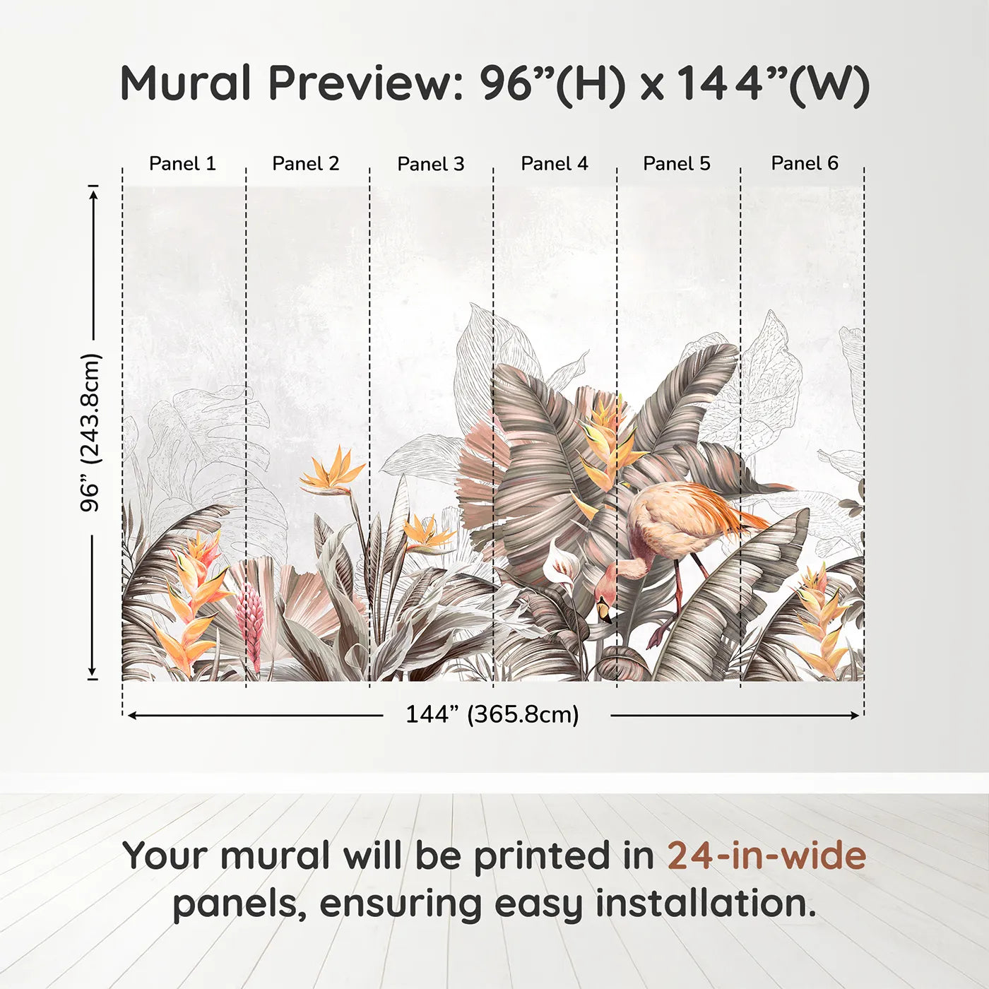 Whimsy Tots Tropical Flamingo Garden Wall Muraldimension view (96" H x 144" W). Printed in six 24-inch-wide panels. Gender-Neutral