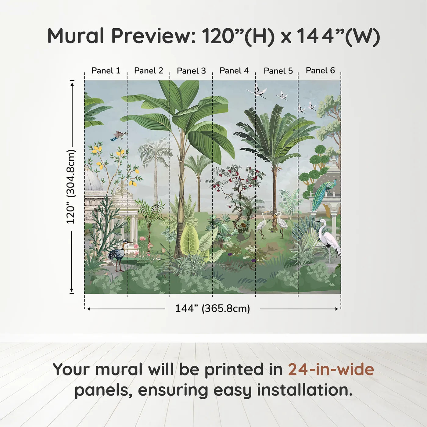 Whimsy Tots Indian Palace Garden Wall Muraldimension view (120" H x 144" W). Printed in six 24-inch-wide panels. Gender-Neutral