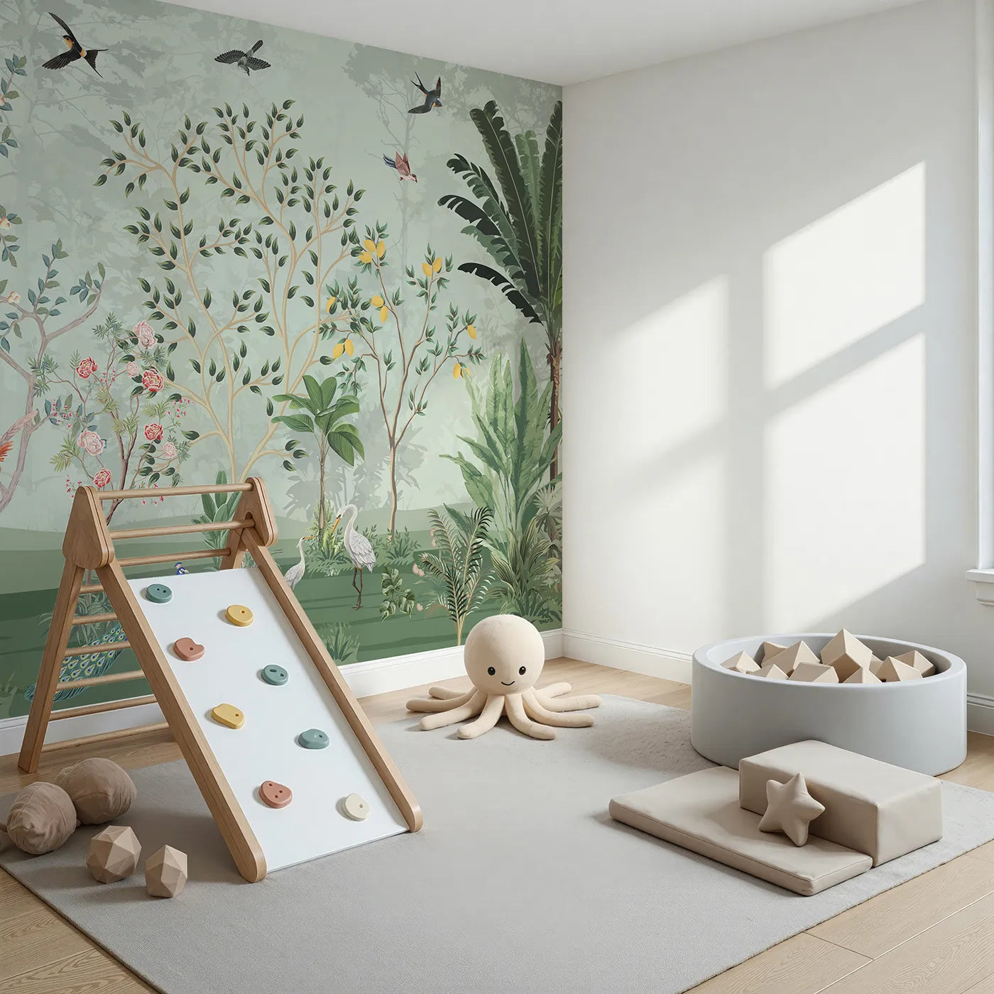 Angled view of Whimsy Tots' Chinoiserie Jungle Wall Mural (Turn Their Room into an Elegant, Hand-Painted Paradise).Gender-Neutral