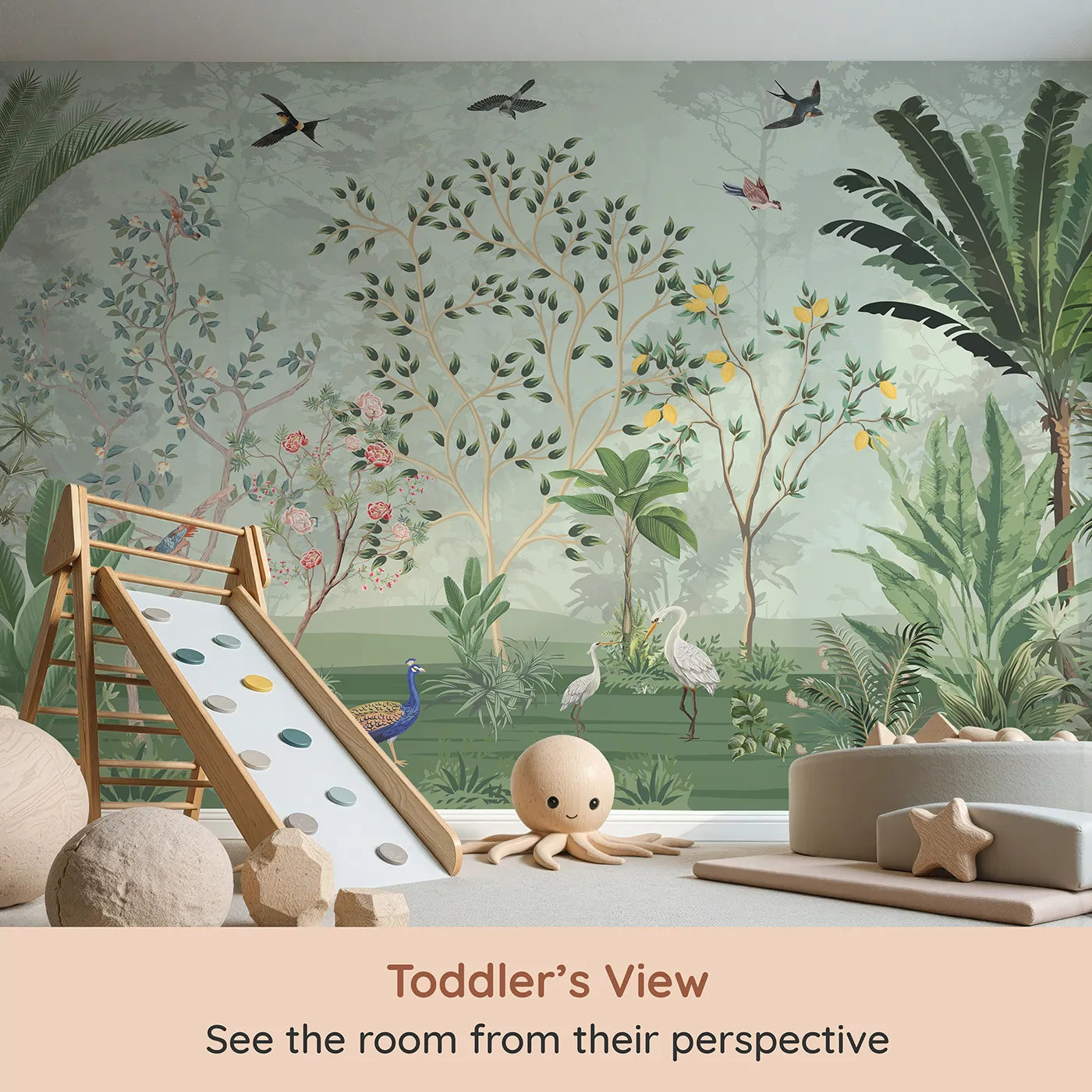 Whimsy Tots Chinoiserie Jungle Wall Mural (Turn Their Room into an Elegant, Hand-Painted Paradise) from your child's view.Gender-Neutral