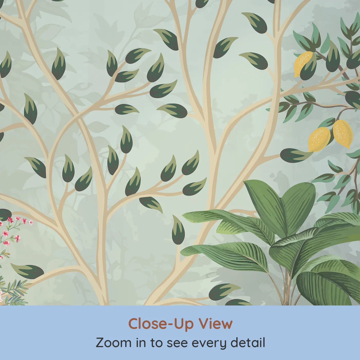 Close-up view of Whimsy Tots' Chinoiserie Jungle Wall Mural (Turn Their Room into an Elegant, Hand-Painted Paradise).Gender-Neutral