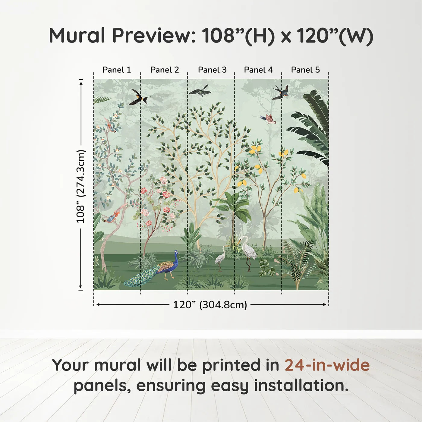 Whimsy Tots Chinoiserie Jungle Wall Muraldimension view (108" H x 120" W). Printed in five 24-inch-wide panels. Gender-Neutral