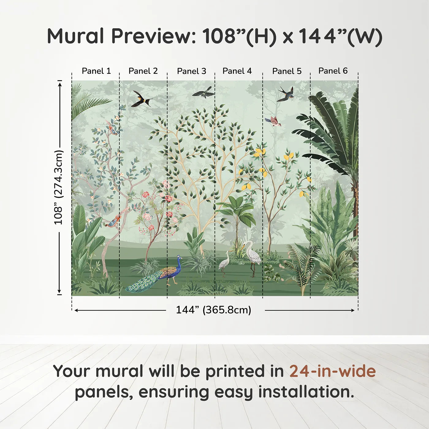 Whimsy Tots Chinoiserie Jungle Wall Muraldimension view (108" H x 144" W). Printed in six 24-inch-wide panels. Gender-Neutral