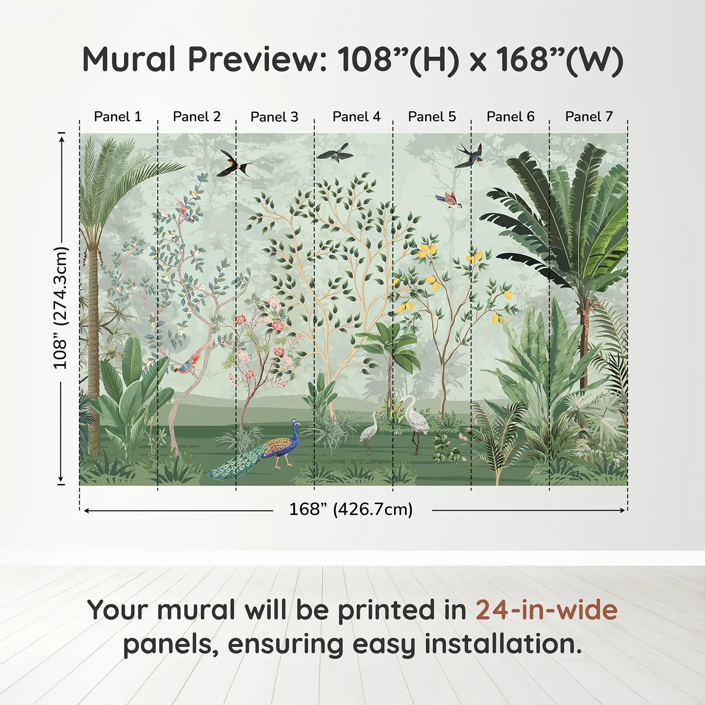 Whimsy Tots Chinoiserie Jungle Wall Muraldimension view (108" H x 168" W). Printed in seven 24-inch-wide panels. Gender-Neutral