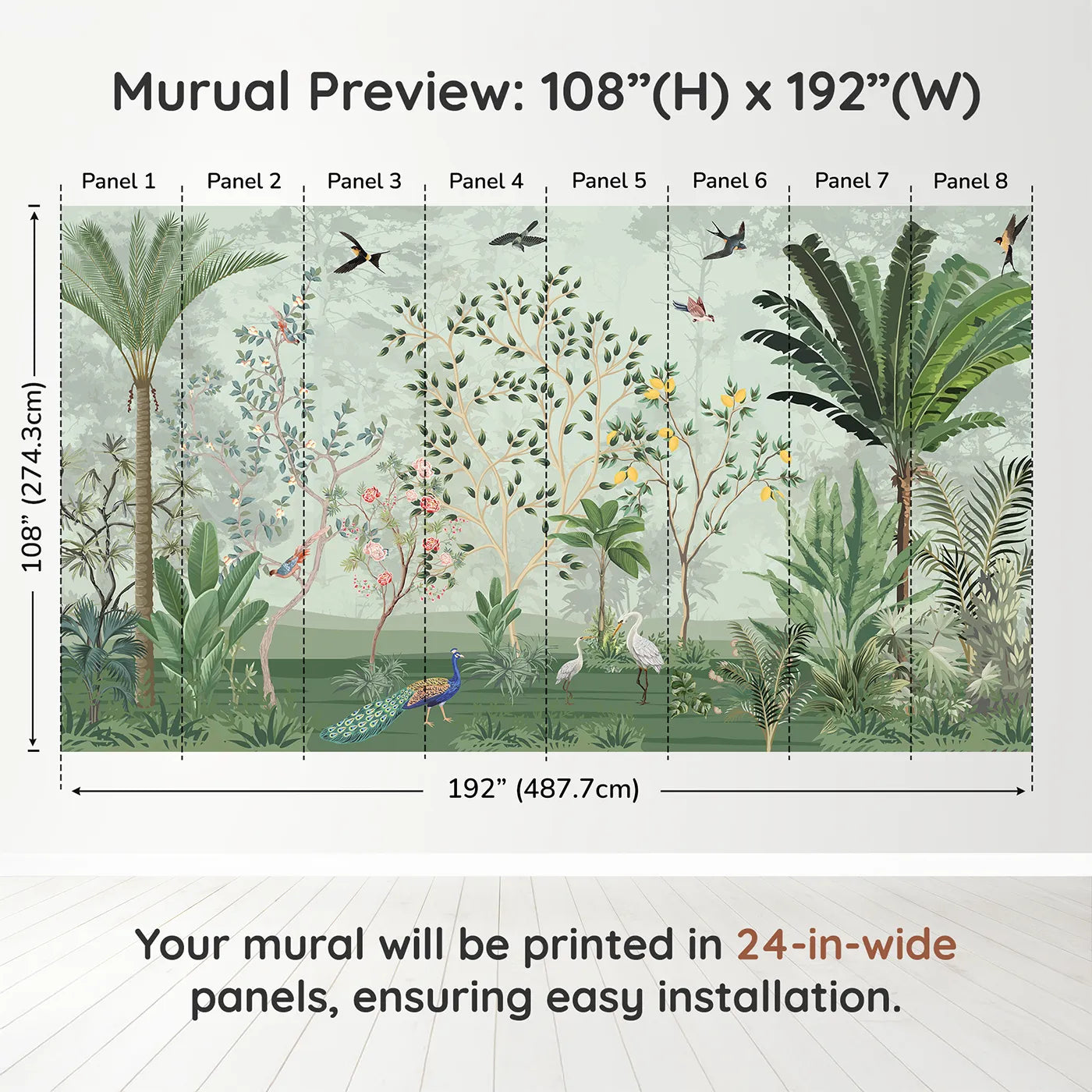 Whimsy Tots Chinoiserie Jungle Wall Muraldimension view (108" H x 192" W). Printed in eight 24-inch-wide panels. Gender-Neutral