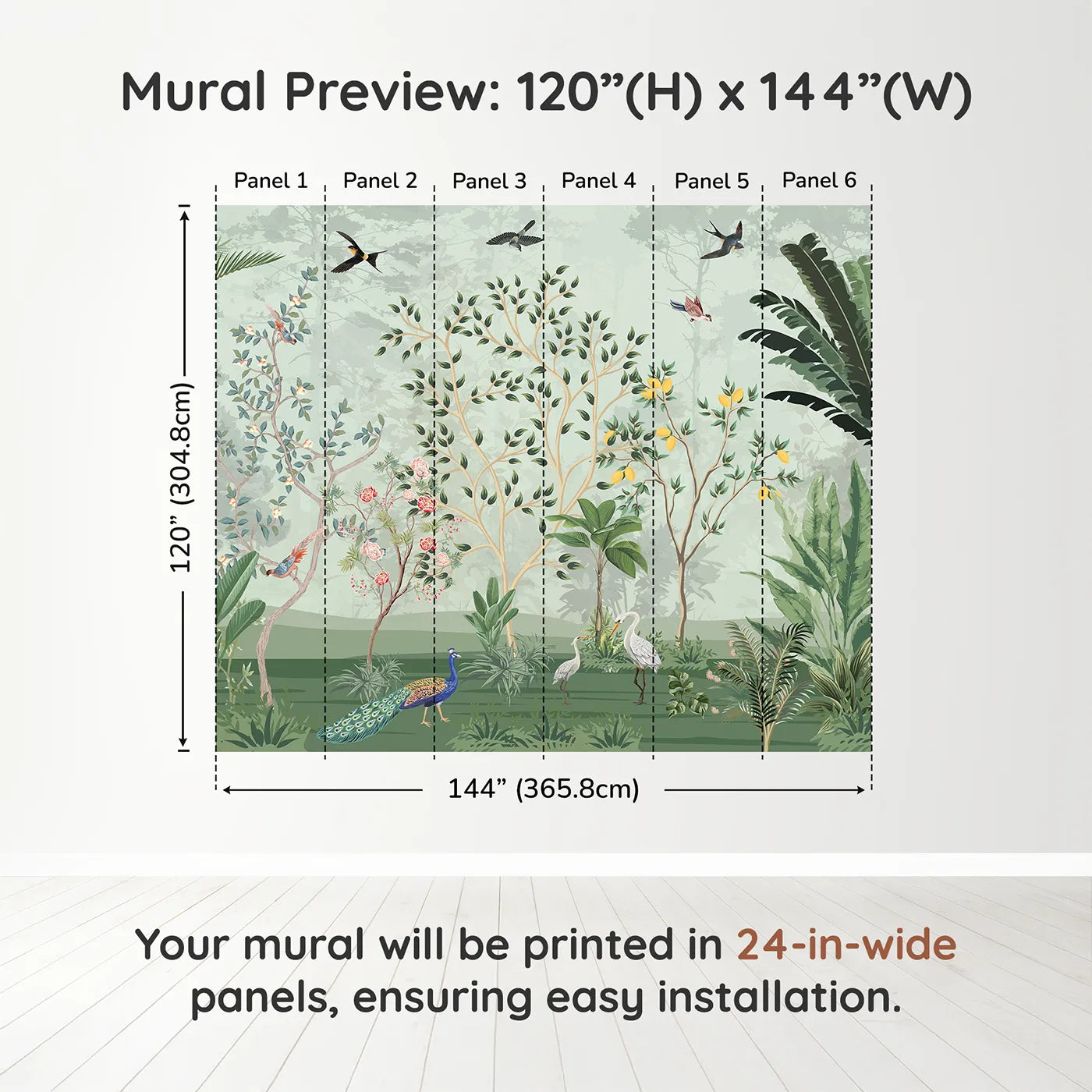 Whimsy Tots Chinoiserie Jungle Wall Muraldimension view (120" H x 144" W). Printed in six 24-inch-wide panels. Gender-Neutral