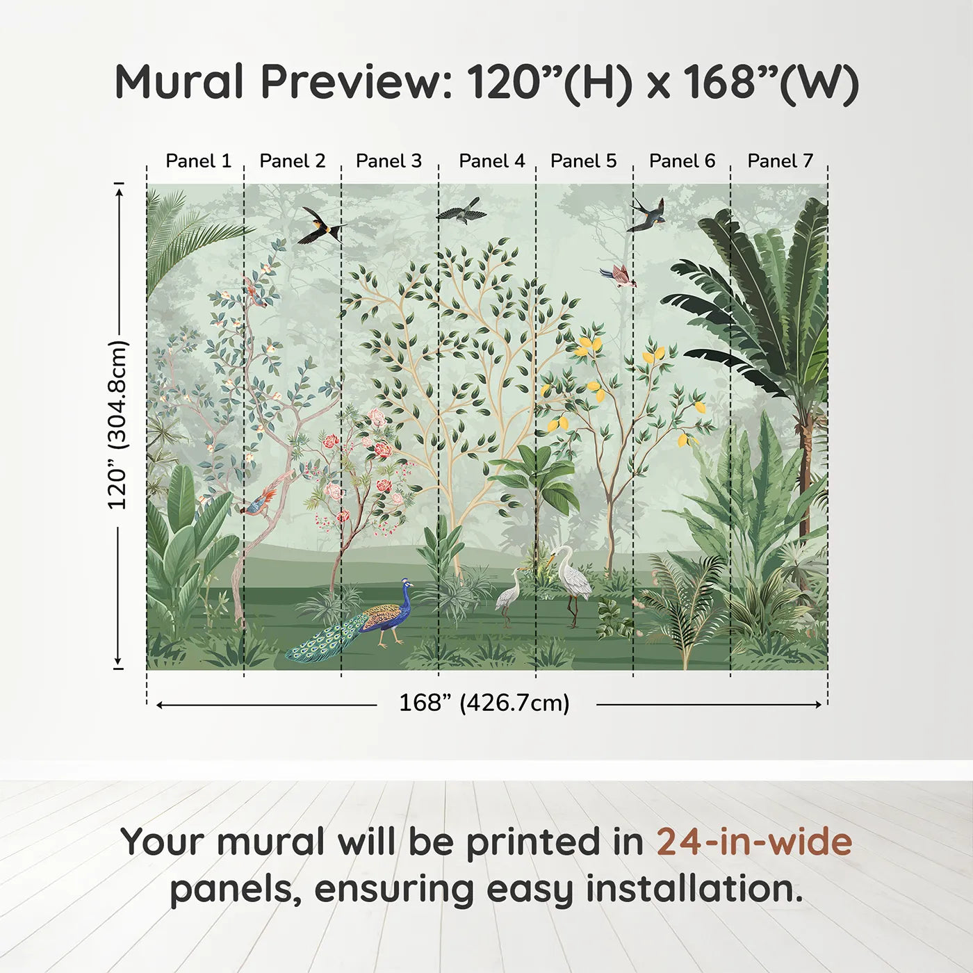 Whimsy Tots Chinoiserie Jungle Wall Muraldimension view (120" H x 168" W). Printed in seven 24-inch-wide panels. Gender-Neutral