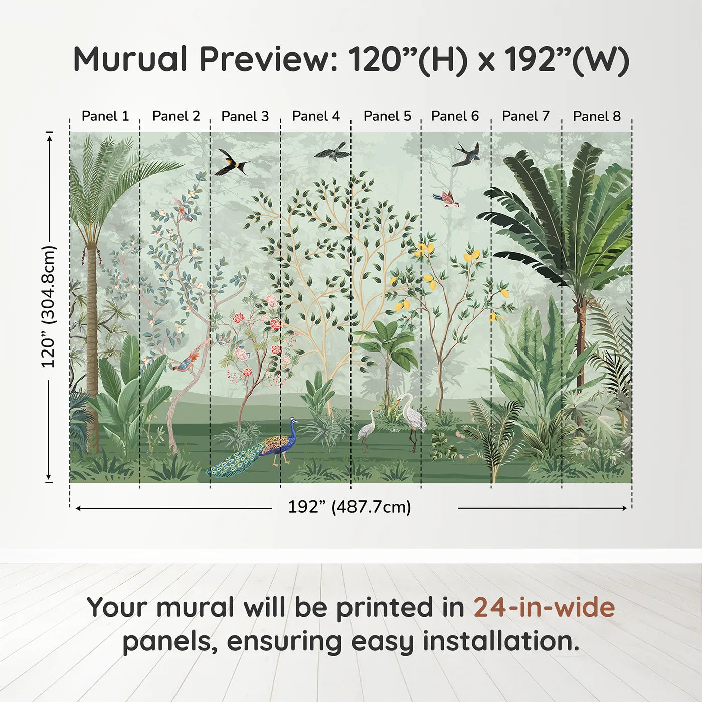 Whimsy Tots Chinoiserie Jungle Wall Muraldimension view (120" H x 192" W). Printed in eight 24-inch-wide panels. Gender-Neutral