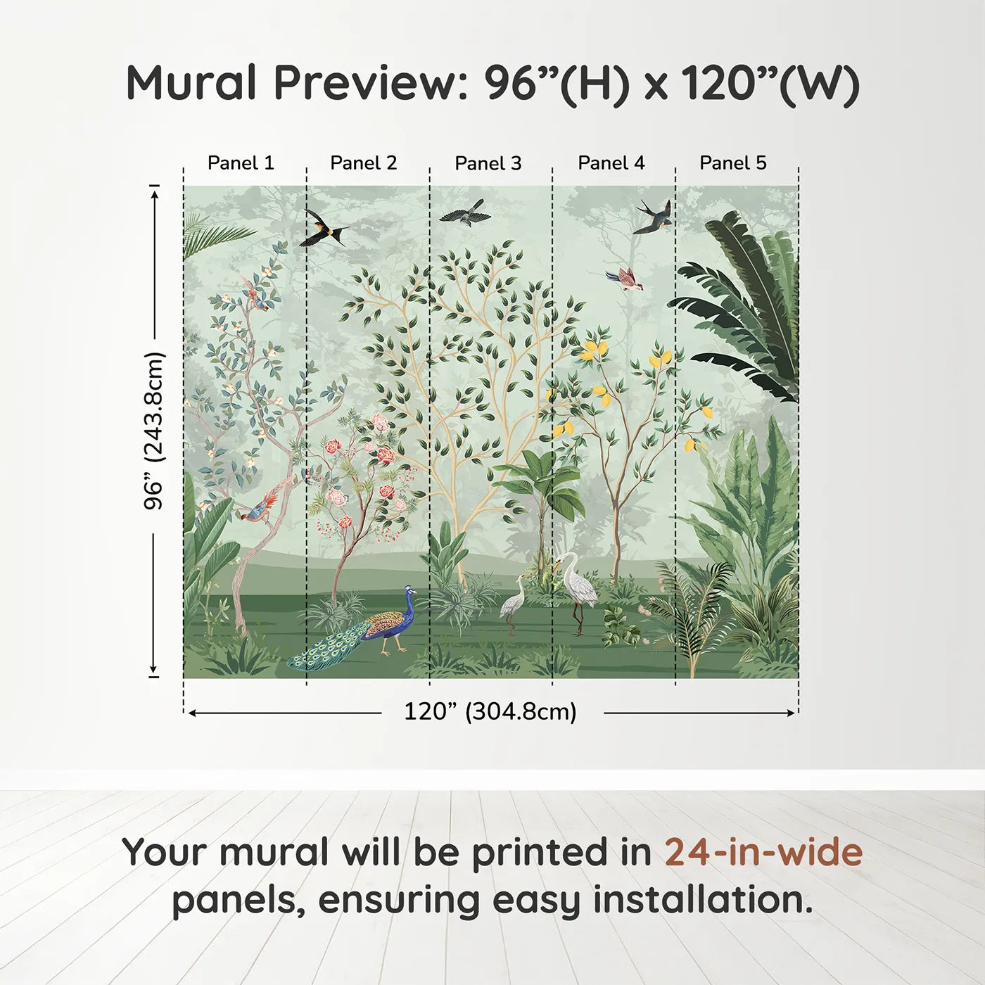 Whimsy Tots Chinoiserie Jungle Wall Muraldimension view (96" H x 120" W). Printed in five 24-inch-wide panels. Gender-Neutral