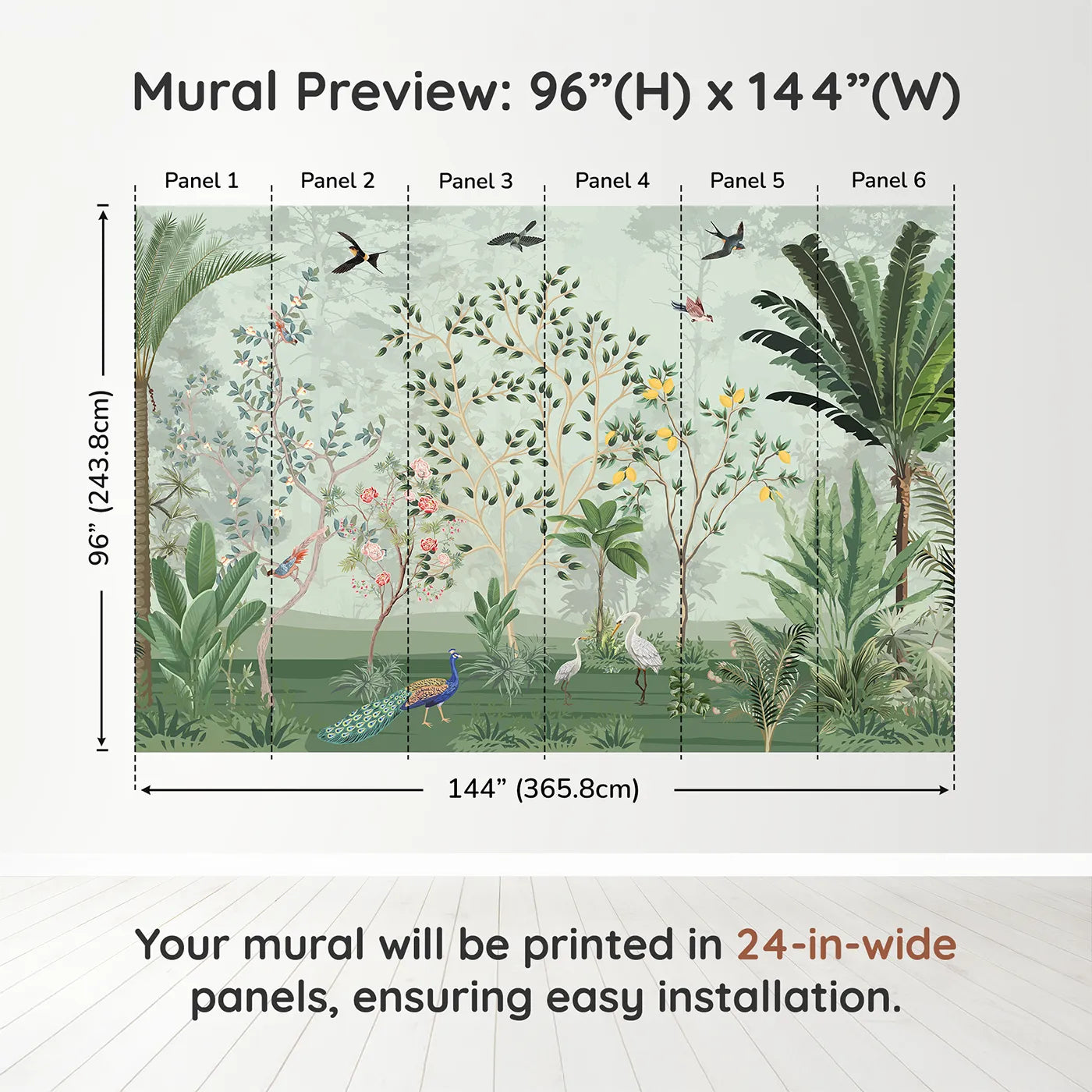 Whimsy Tots Chinoiserie Jungle Wall Muraldimension view (96" H x 144" W). Printed in six 24-inch-wide panels. Gender-Neutral