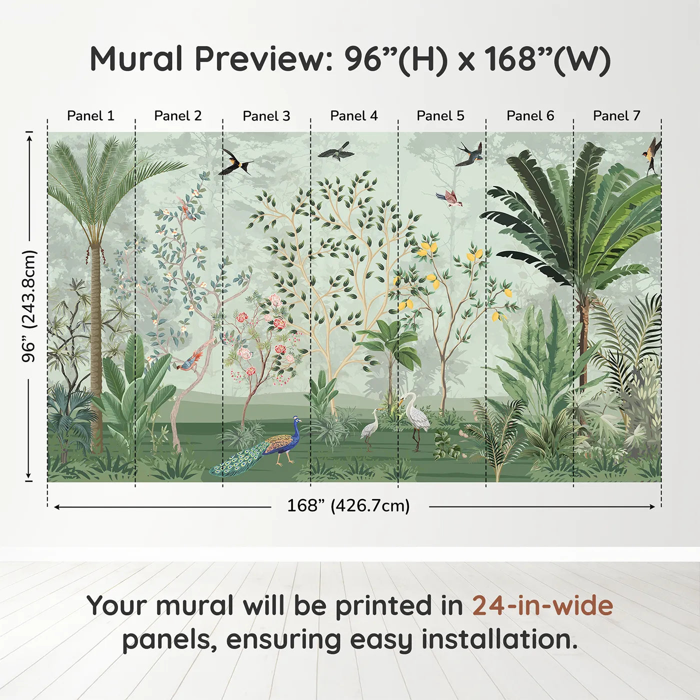 Whimsy Tots Chinoiserie Jungle Wall Muraldimension view (96" H x 168" W). Printed in seven 24-inch-wide panels. Gender-Neutral