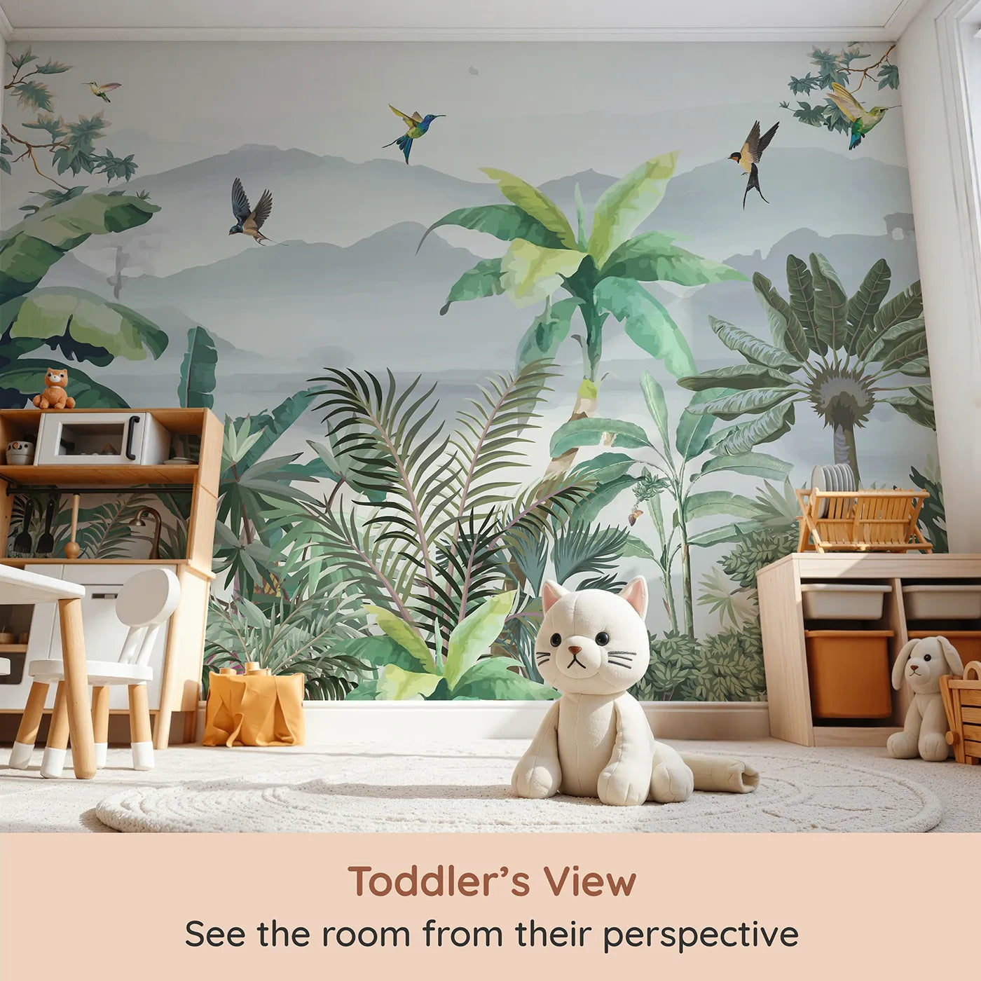 Whimsy Tots Misty Jungle Flight Wall Mural (Turn Their Room into a Lush, Ethereal Rainforest) from your child's view.Gender-Neutral