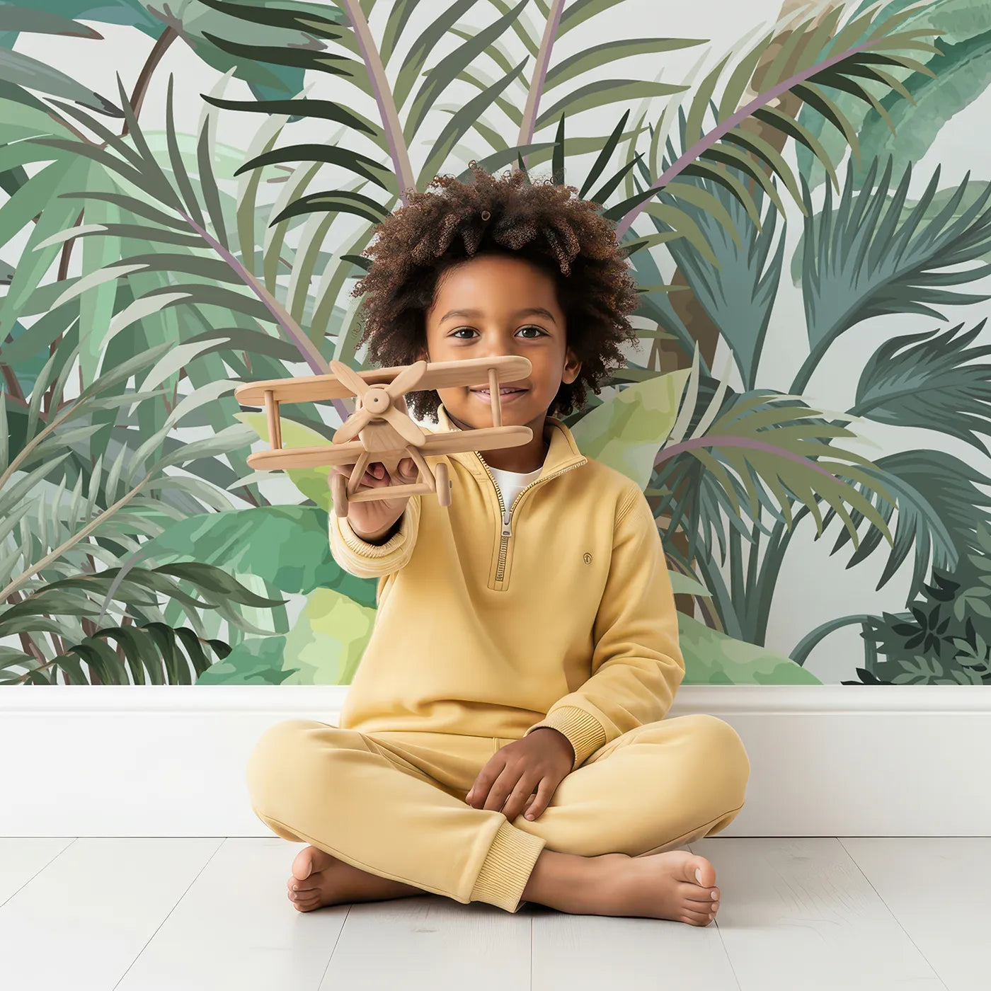 Child in front of Whimsy Tots Misty Jungle Flight Wall Mural with jungle, mist, tropical, forest, light, green, landscape, hummingbird in design.