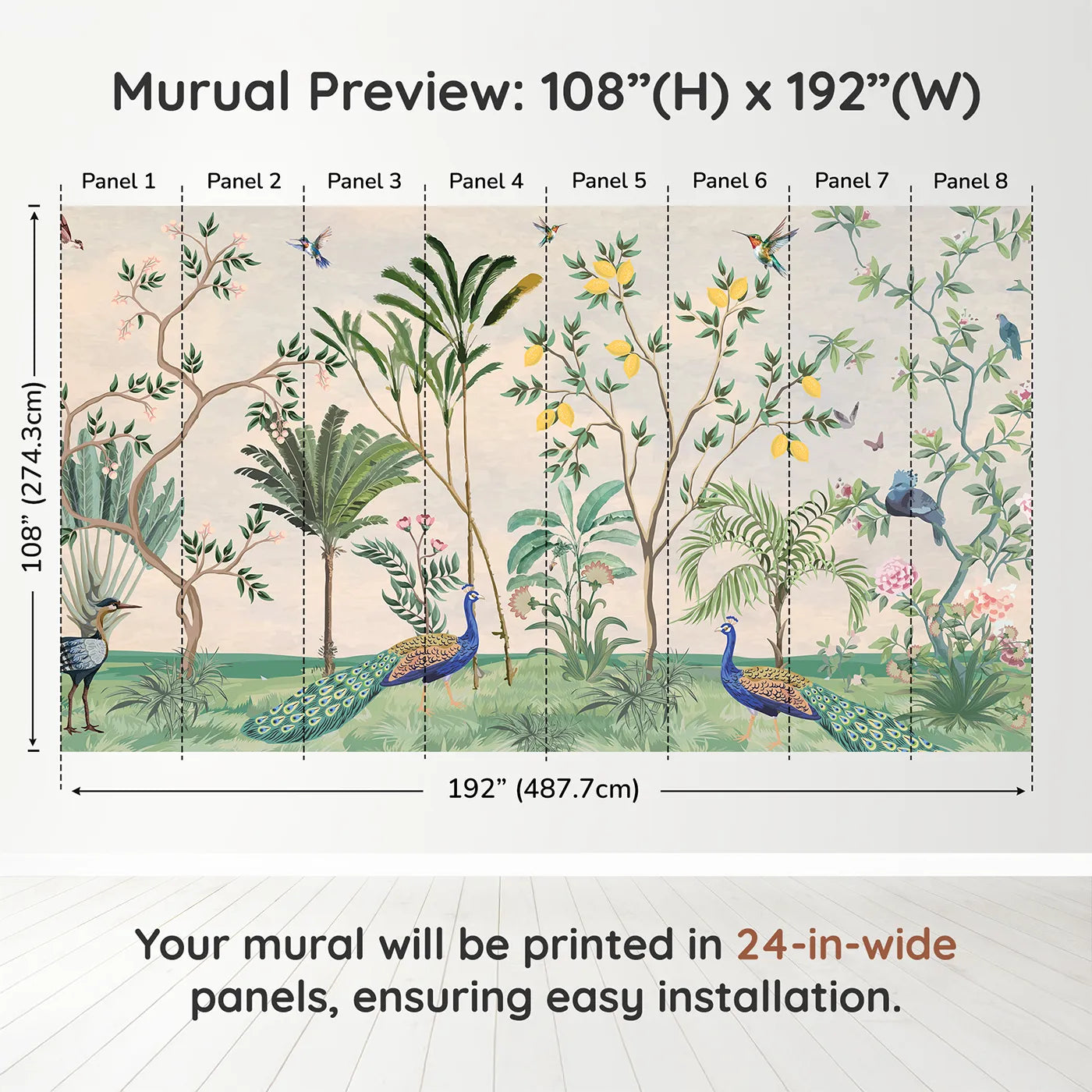 Whimsy Tots Peacock Garden Wall Muraldimension view (108" H x 192" W). Printed in eight 24-inch-wide panels. Gender-Neutral
