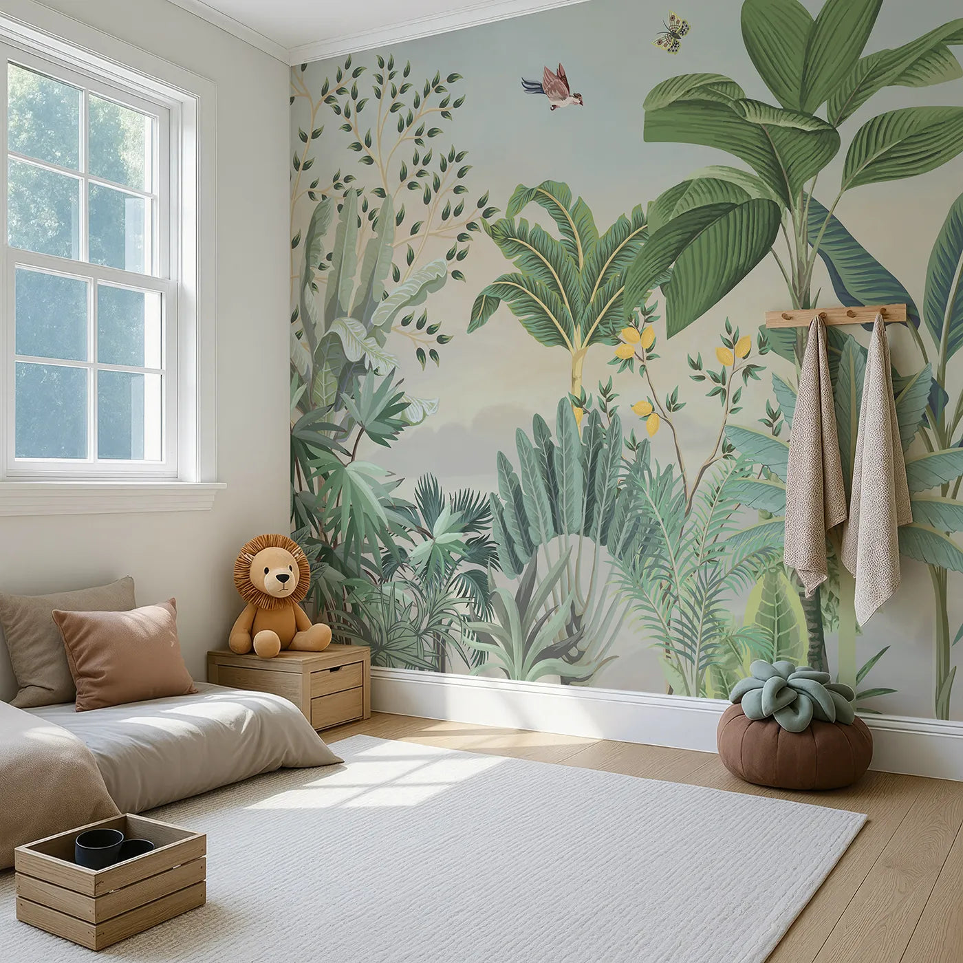 Angled view of Whimsy Tots' Tropical Bird Garden Wall Mural (Turn Their Room into a Lush, Hand-Painted Paradise).Gender-Neutral