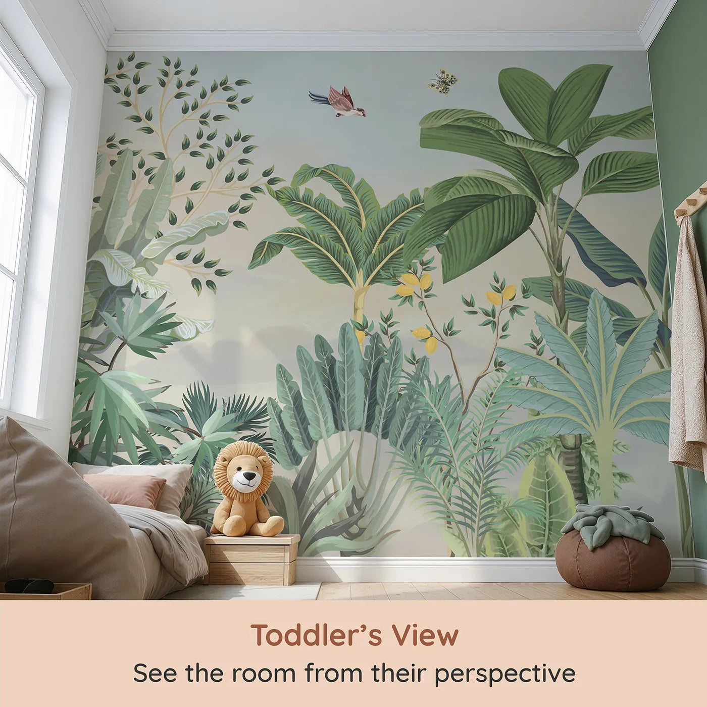 Whimsy Tots Tropical Bird Garden Wall Mural (Turn Their Room into a Lush, Hand-Painted Paradise) from your child's view.Gender-Neutral