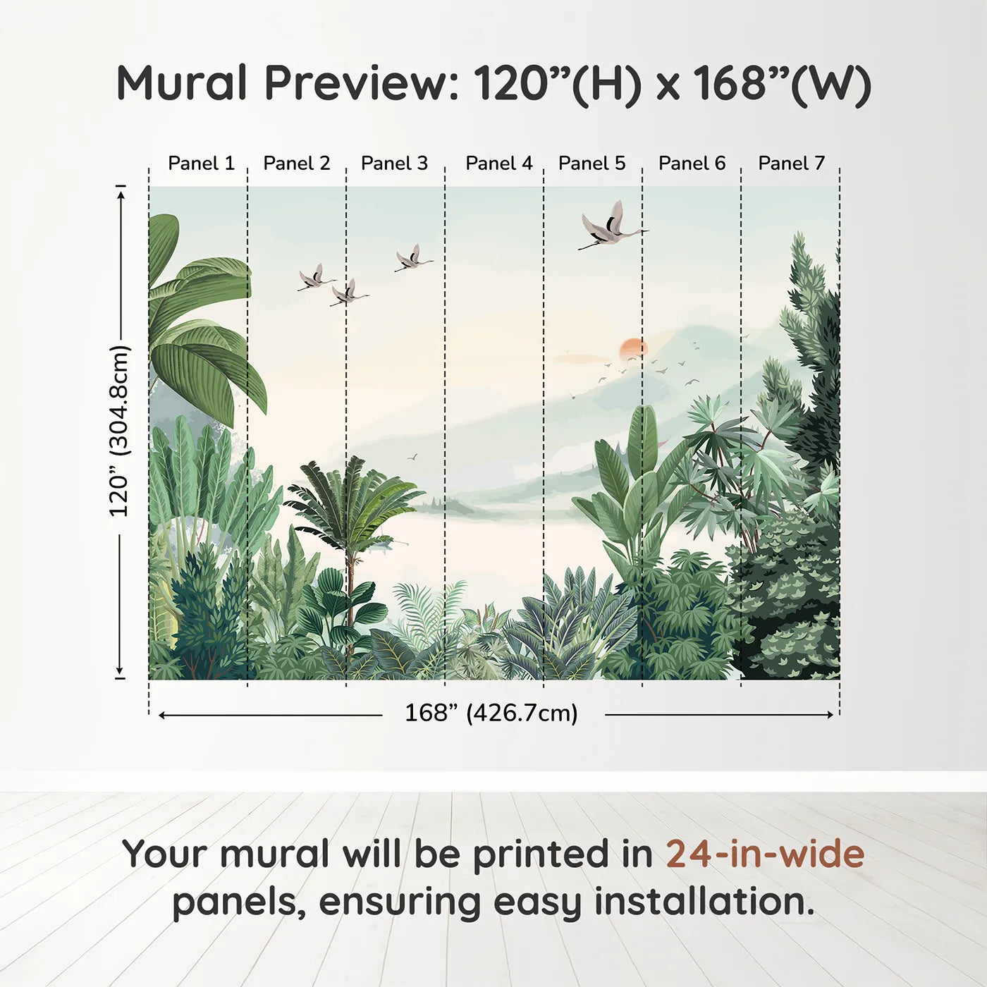 Whimsy Tots Sunset Jungle Wall Muraldimension view (120" H x 168" W). Printed in seven 24-inch-wide panels. Gender-Neutral