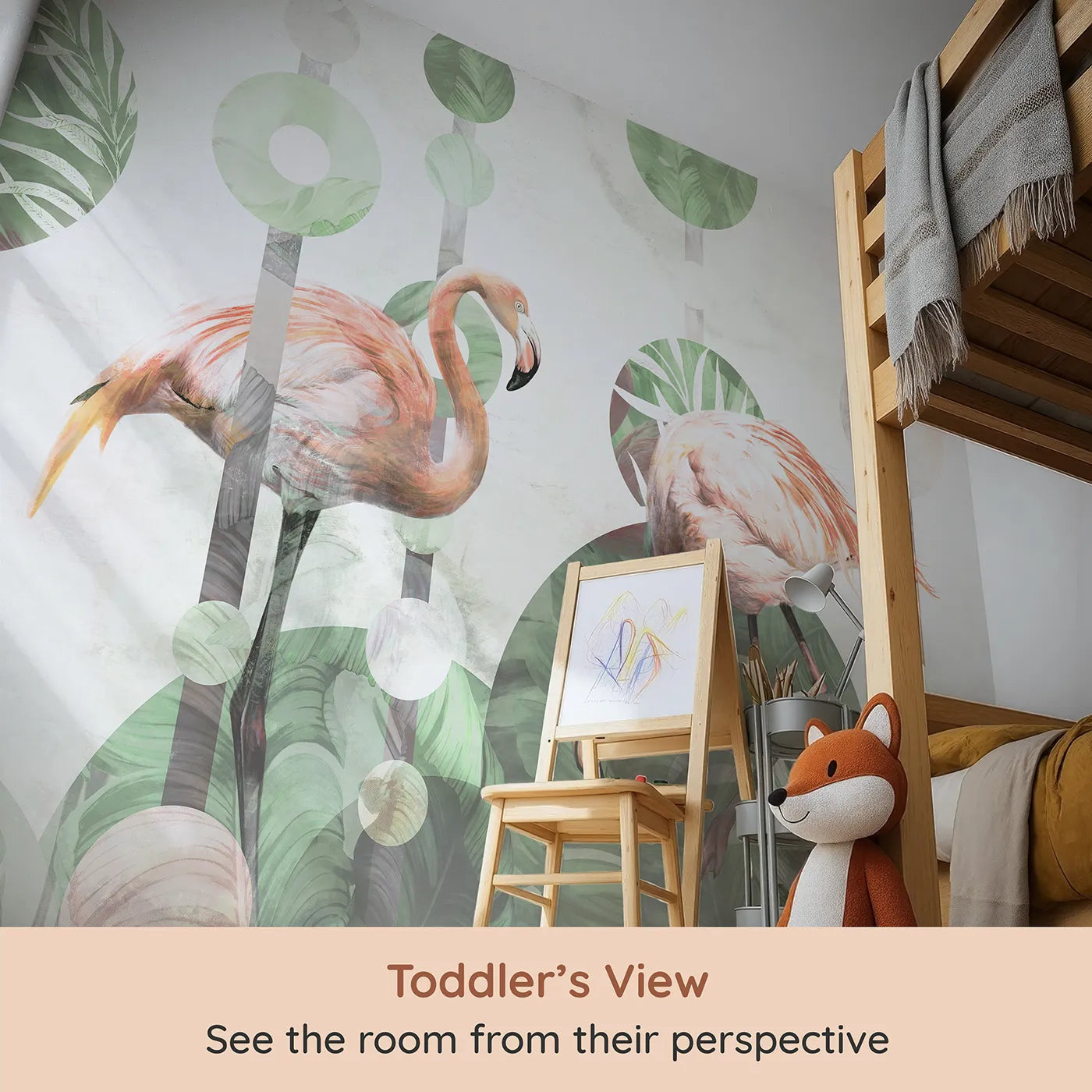 Whimsy Tots Abstract Flamingo Wall Mural (Turn Their Room into a Chic and Modern Tropical Escape) from your child's view.Gender-Neutral