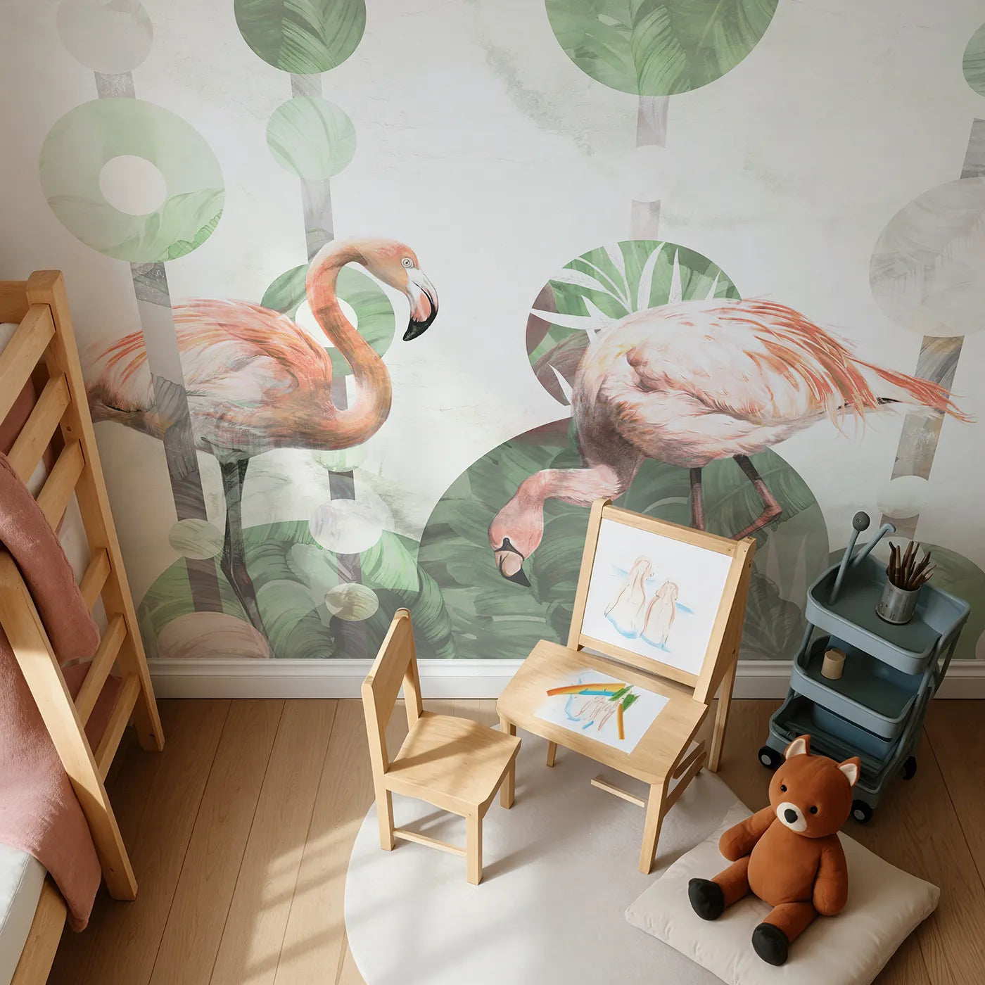 Top-down view of Whimsy Tots' Abstract Flamingo Wall Mural (Turn Their Room into a Chic and Modern Tropical Escape).Gender-Neutral
