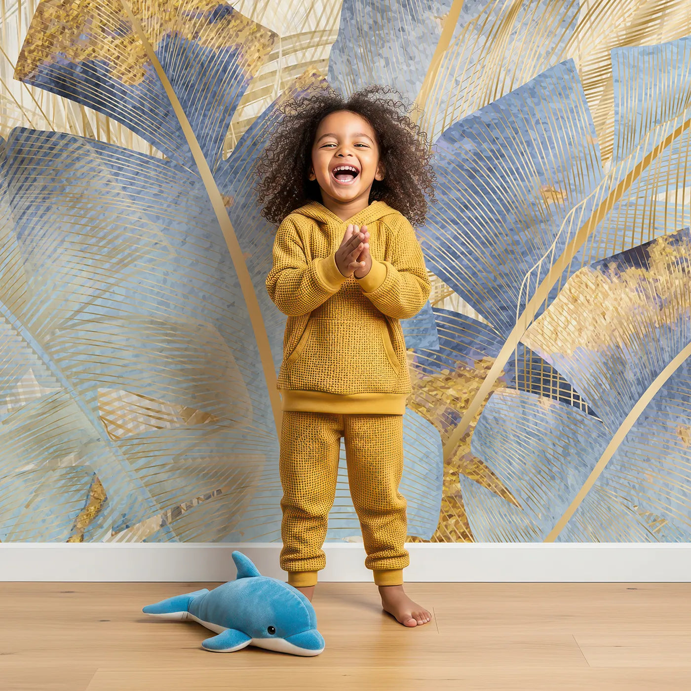 Child in front of Whimsy Tots Golden Feather Bouquet Wall Mural with feather, gold, blue, abstract, modern, luxury, elegant, line art in design.