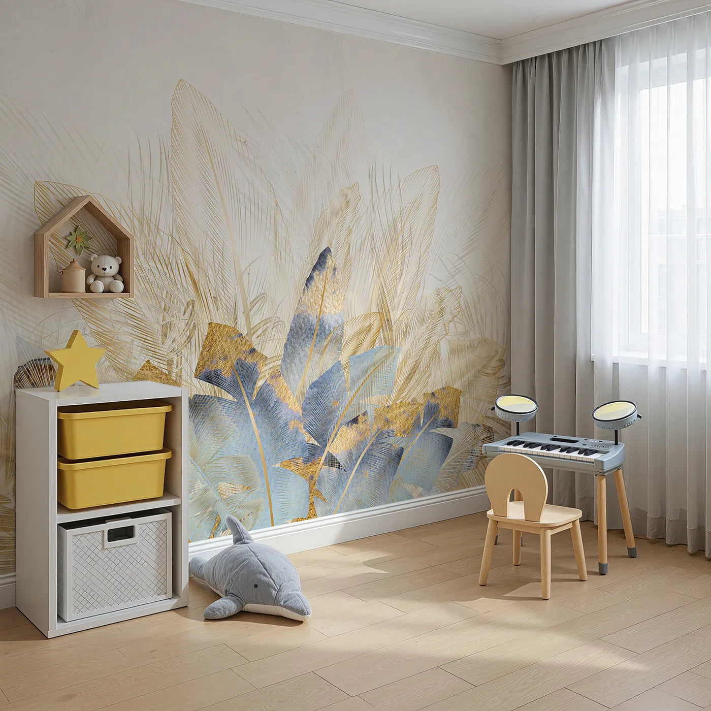Angled view of Whimsy Tots' Golden Feather Bouquet Wall Mural (Turn Their Room into a Plume of Gilded, Modern Beauty).Gender-Neutral