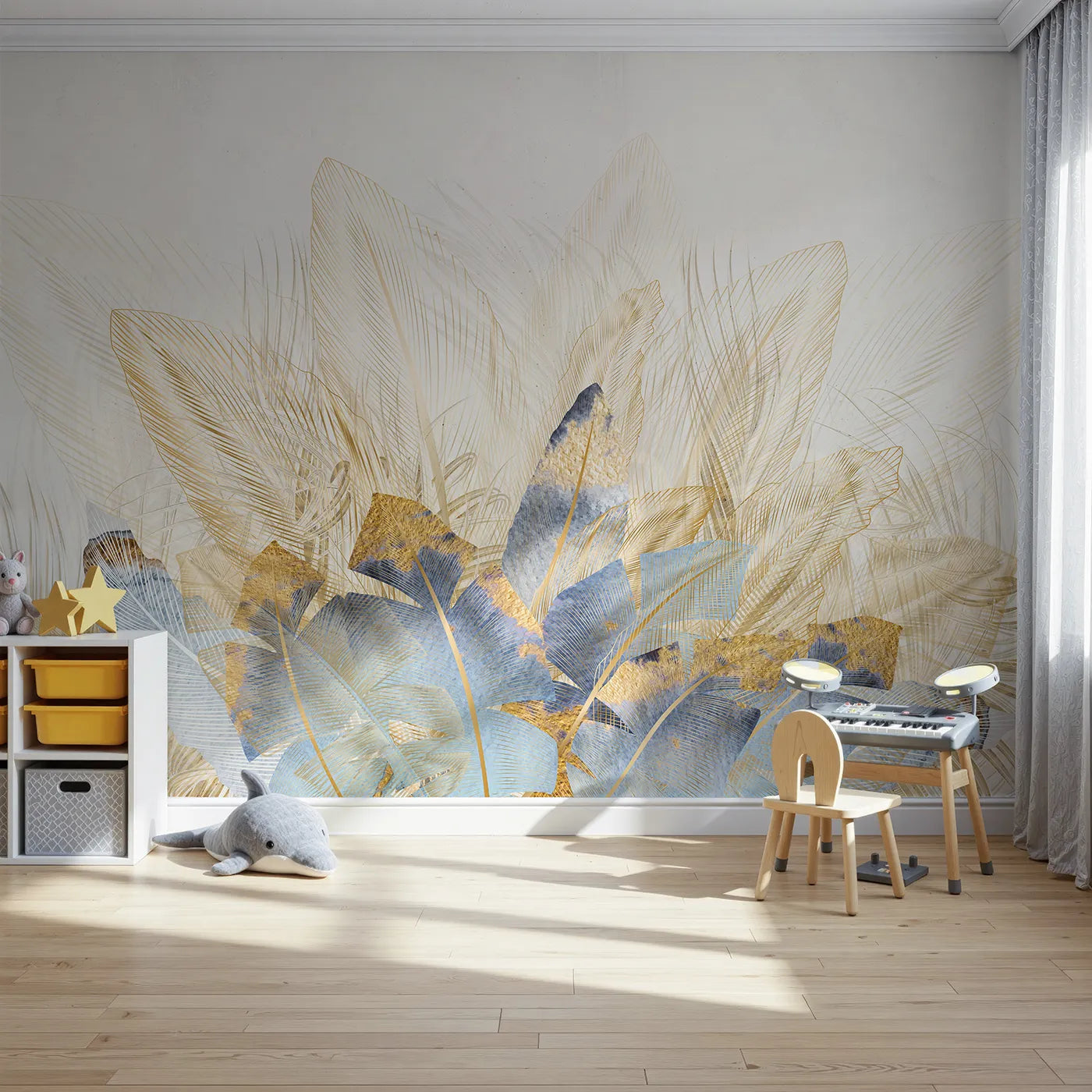 Front view of Whimsy Tots' Golden Feather Bouquet Wall Mural