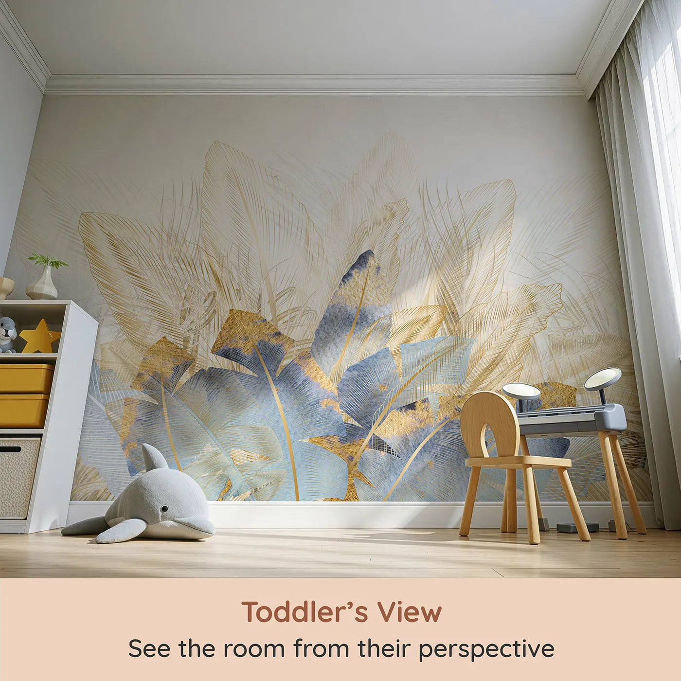 Whimsy Tots Golden Feather Bouquet Wall Mural (Turn Their Room into a Plume of Gilded, Modern Beauty) from your child's view.Gender-Neutral