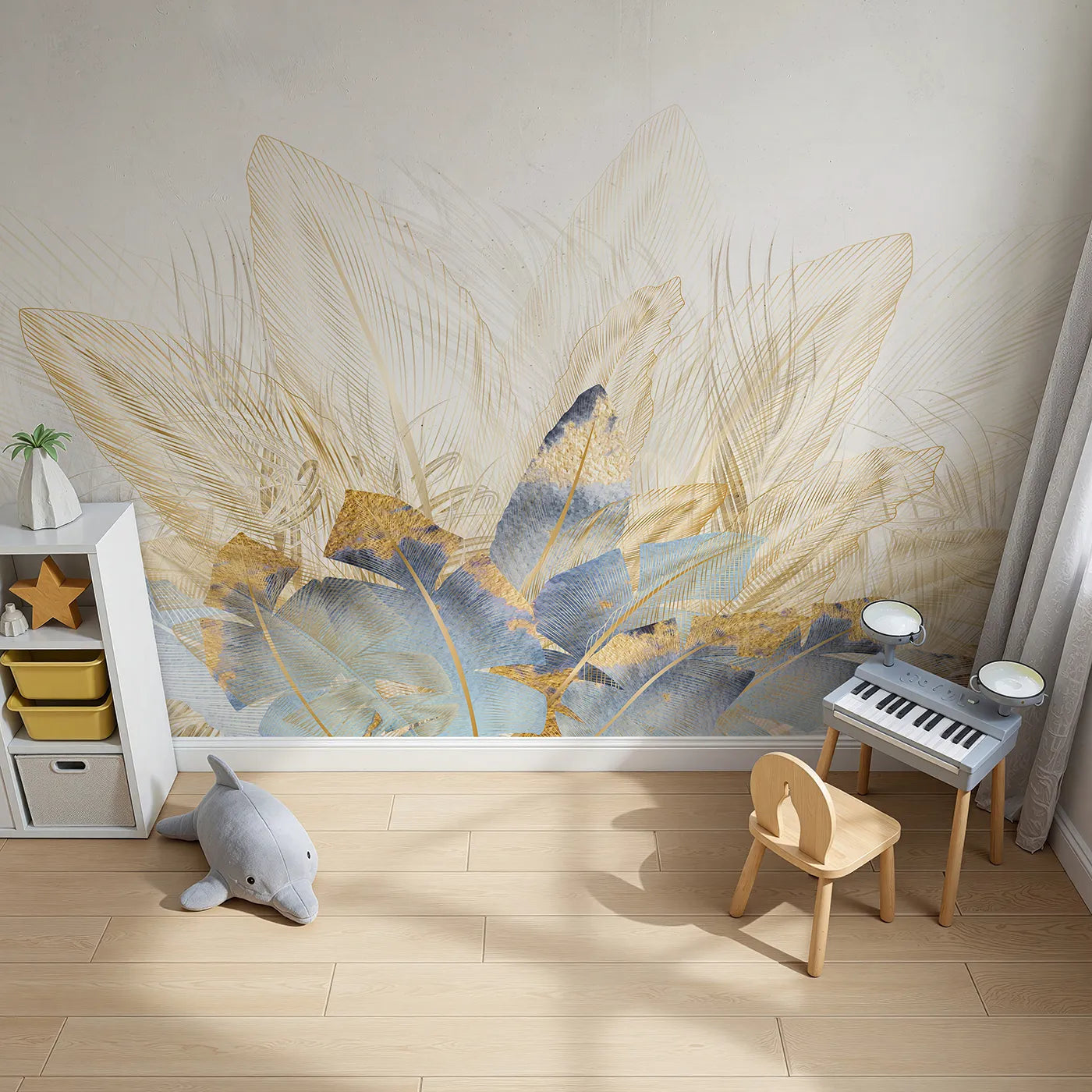 Top-down view of Whimsy Tots' Golden Feather Bouquet Wall Mural (Turn Their Room into a Plume of Gilded, Modern Beauty).Gender-Neutral