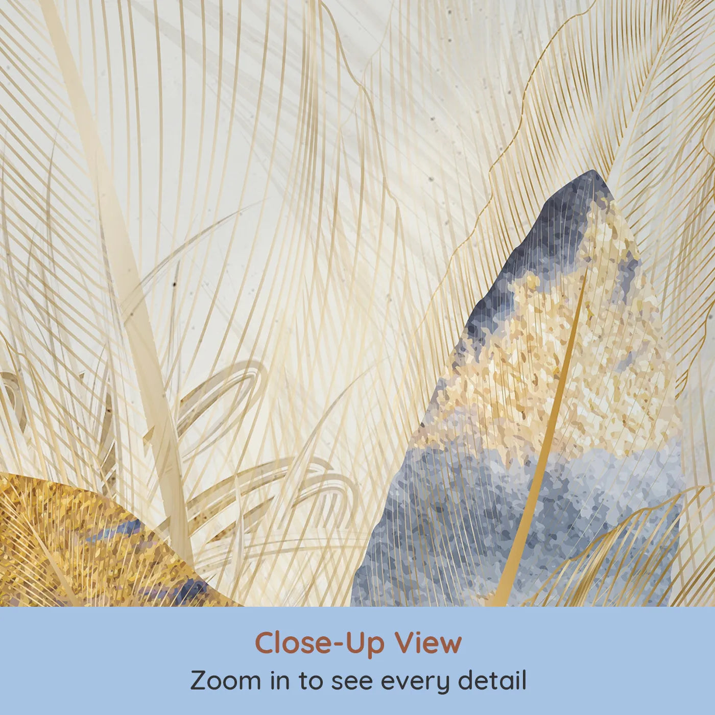 Close-up view of Whimsy Tots' Golden Feather Bouquet Wall Mural (Turn Their Room into a Plume of Gilded, Modern Beauty).Gender-Neutral