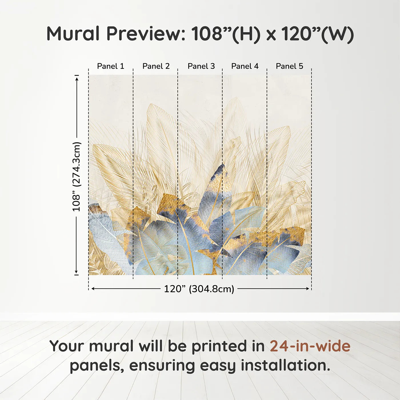 Whimsy Tots Golden Feather Bouquet Wall Muraldimension view (108" H x 120" W). Printed in five 24-inch-wide panels. Gender-Neutral