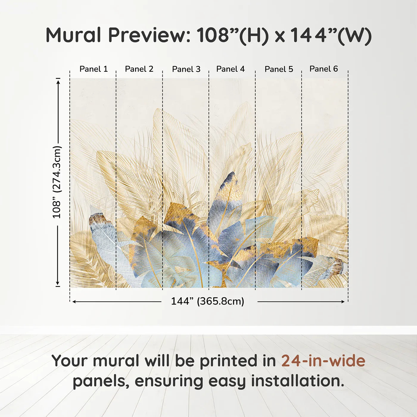 Whimsy Tots Golden Feather Bouquet Wall Muraldimension view (108" H x 144" W). Printed in six 24-inch-wide panels. Gender-Neutral