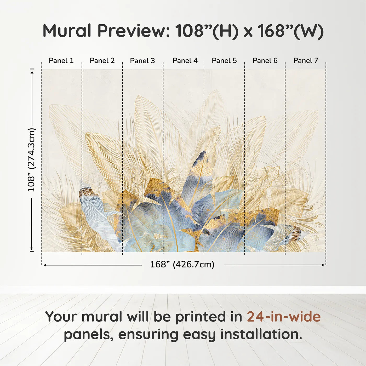 Whimsy Tots Golden Feather Bouquet Wall Muraldimension view (108" H x 168" W). Printed in seven 24-inch-wide panels. Gender-Neutral