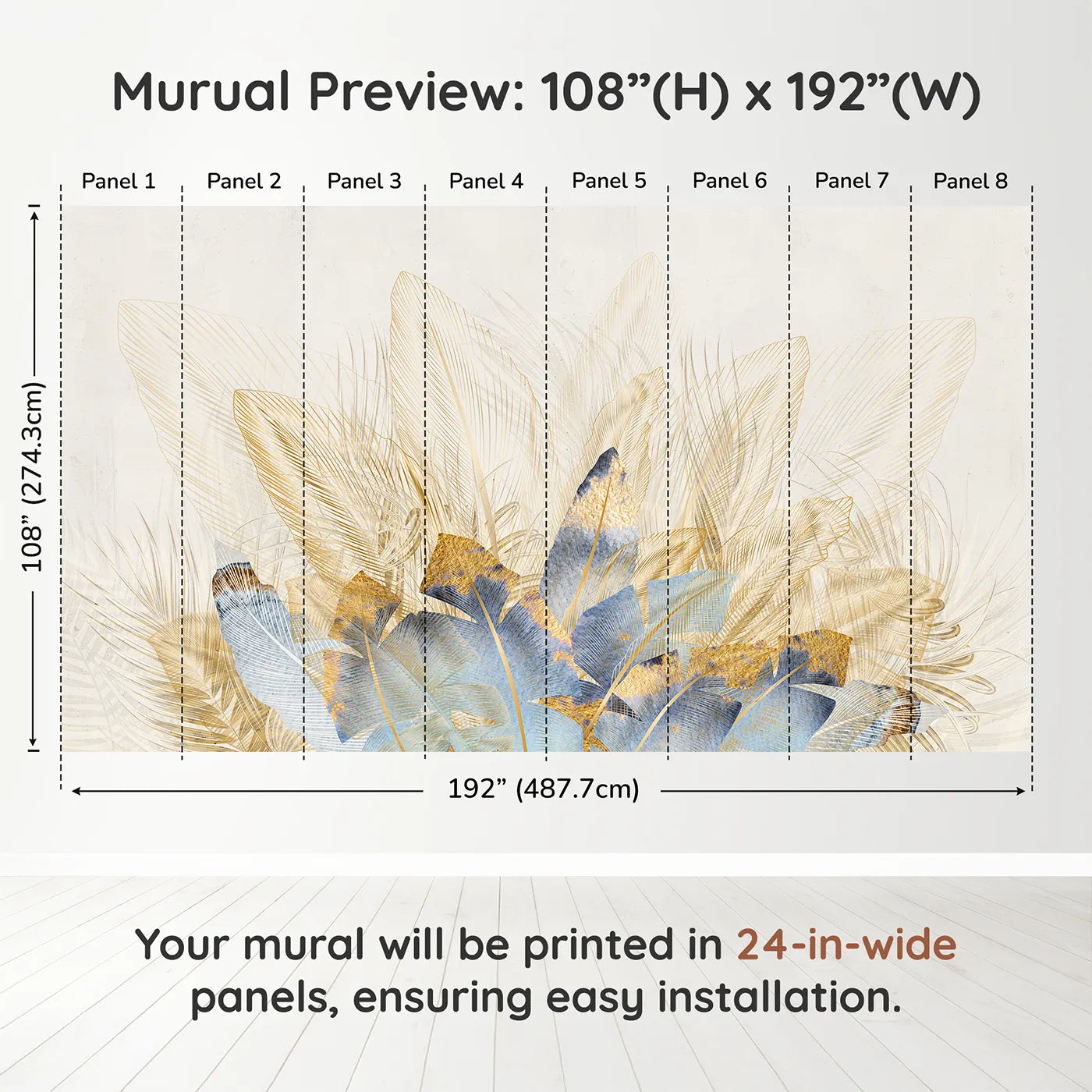 Whimsy Tots Golden Feather Bouquet Wall Muraldimension view (108" H x 192" W). Printed in eight 24-inch-wide panels. Gender-Neutral